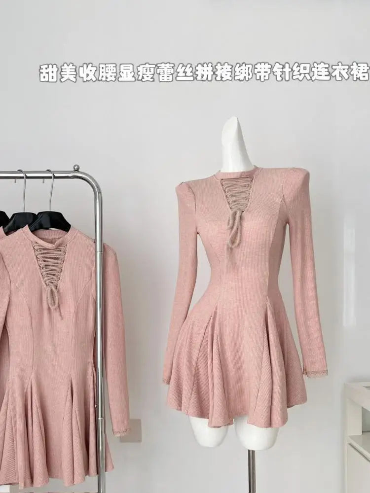 2024 Women's Sweet Pink Lace-Up Round Neck Long Sleeve Pleated Mini Dress | High Waist Knit Dress for Autumn Winter | Elegant & Sexy Party, Date Night, Office Wear