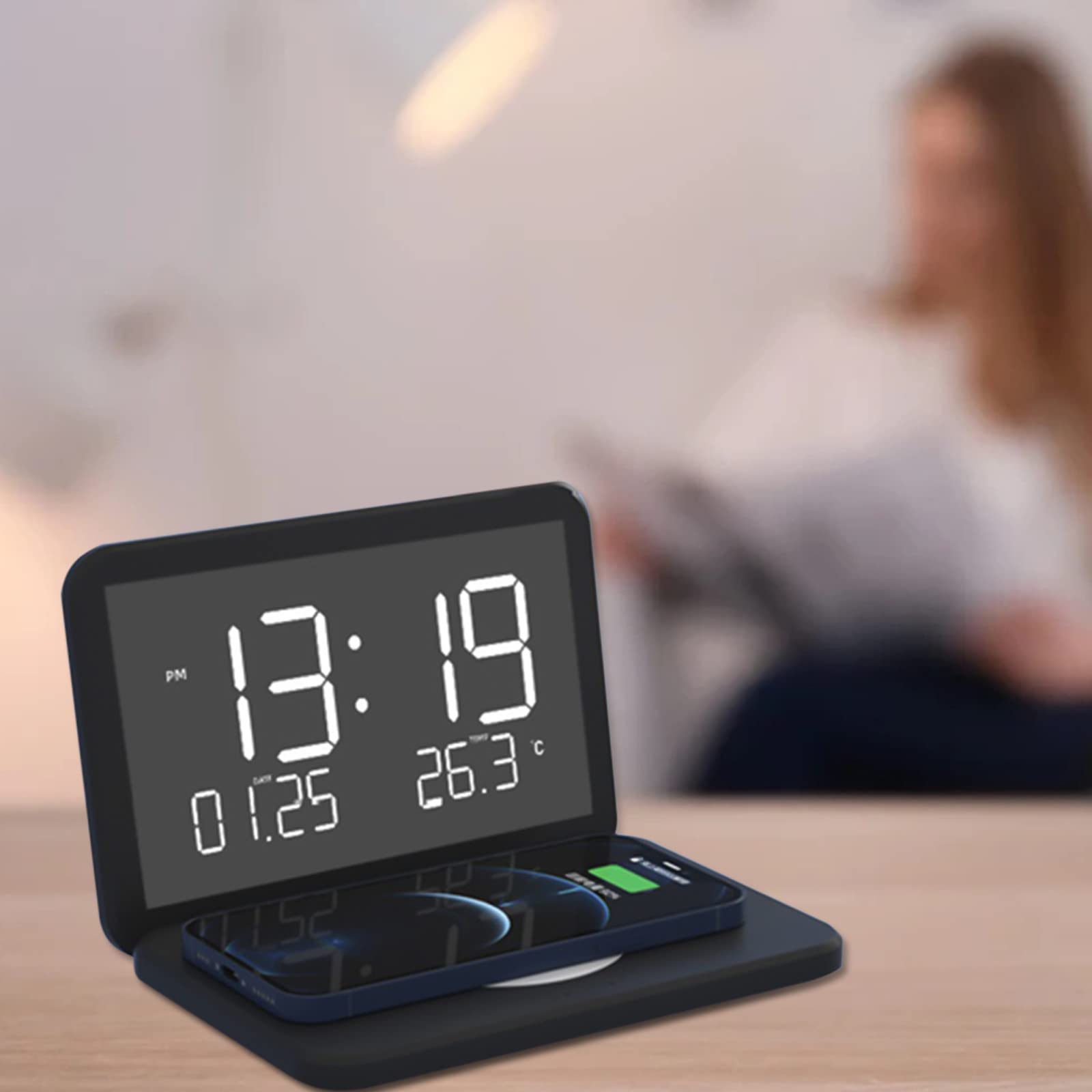 TZNBGO Digital Alarm Clock with Wireless Charging - Mirror Surface LED Display, USB Charger Port, Temperature Sensor, Dual Alarm & Adjustable Brightness | Perfect for Office, Bedroom & Nightstand Use
