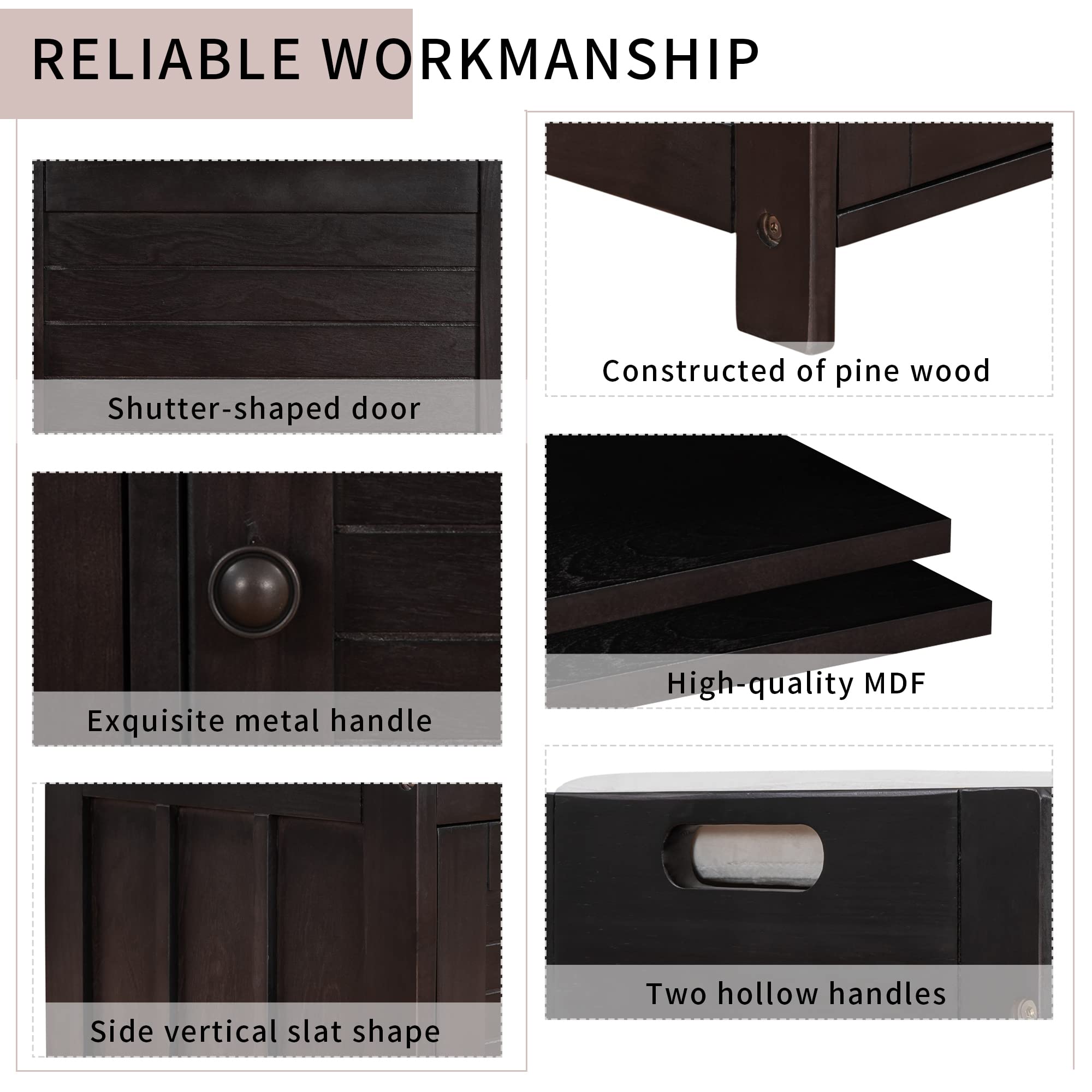P PURLOVE Storage Bench with Removable Cushion - 3 Shutter Doors & Hidden Compartment - Entryway Bench for Living Room, Hallway, Bedroom - Espresso Finish for Home Organization & Decor
