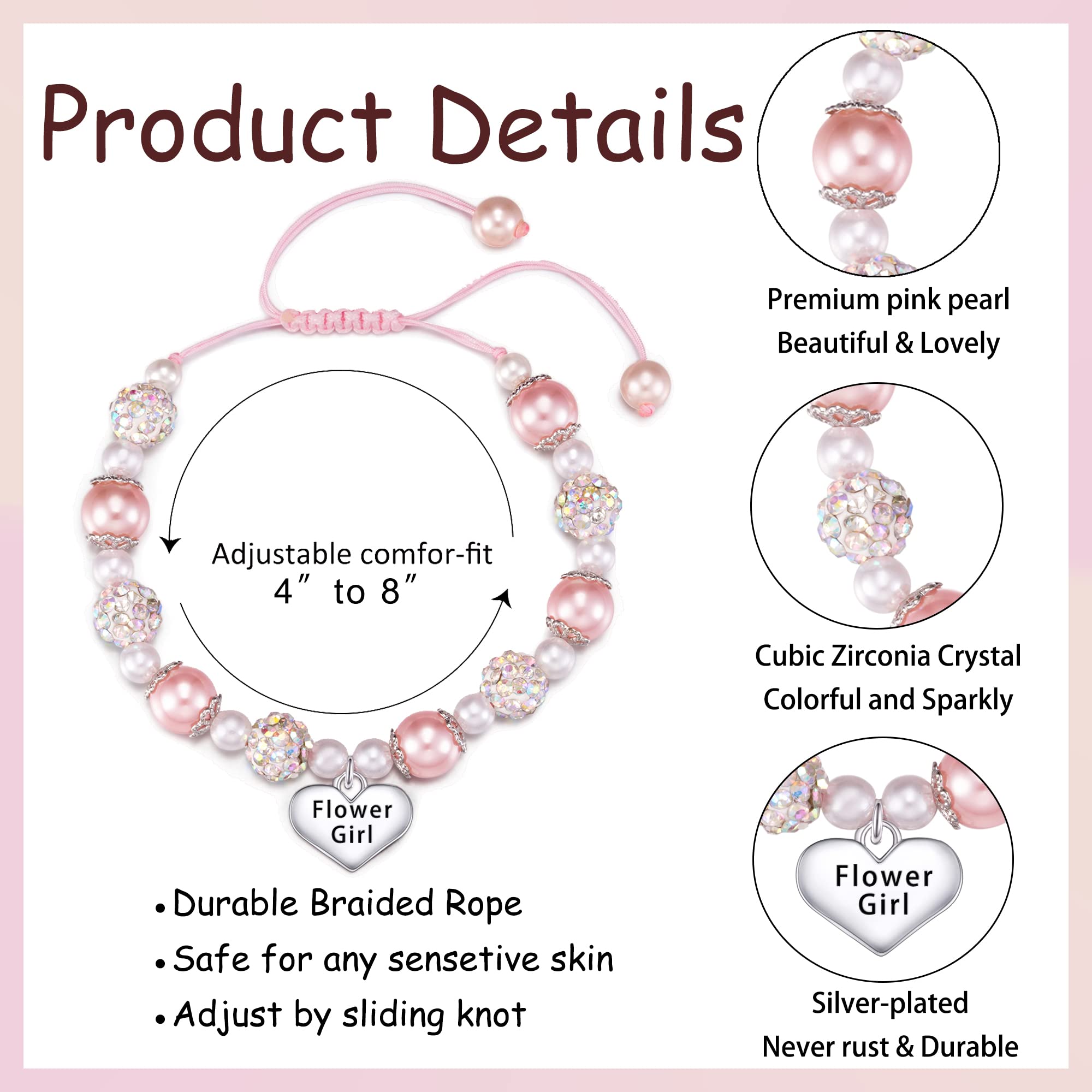 Sparkling Rhinestone Bracelet for Girls - Pink Pearl Heart Charm Jewelry, Elegant Gift for Flower Girls, First Communion, Baptism, Graduation & Back to School | Perfect for Special Occasions & Everyday Wear