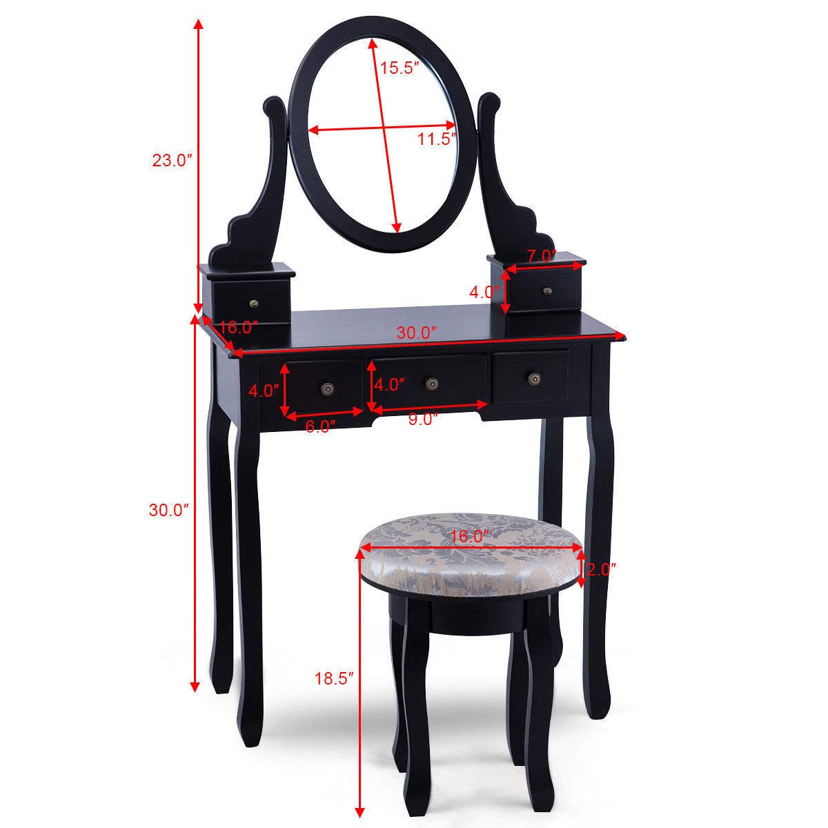 Giantex Vanity Makeup Table Set with Swivel Mirror & Cushioned Stool - 5 Drawer Dressing Table for Bedroom, 360° Rotating Wooden Vanity Desk (Black) - Perfect for Makeup Organization, Dressing Room & Small Space Decor