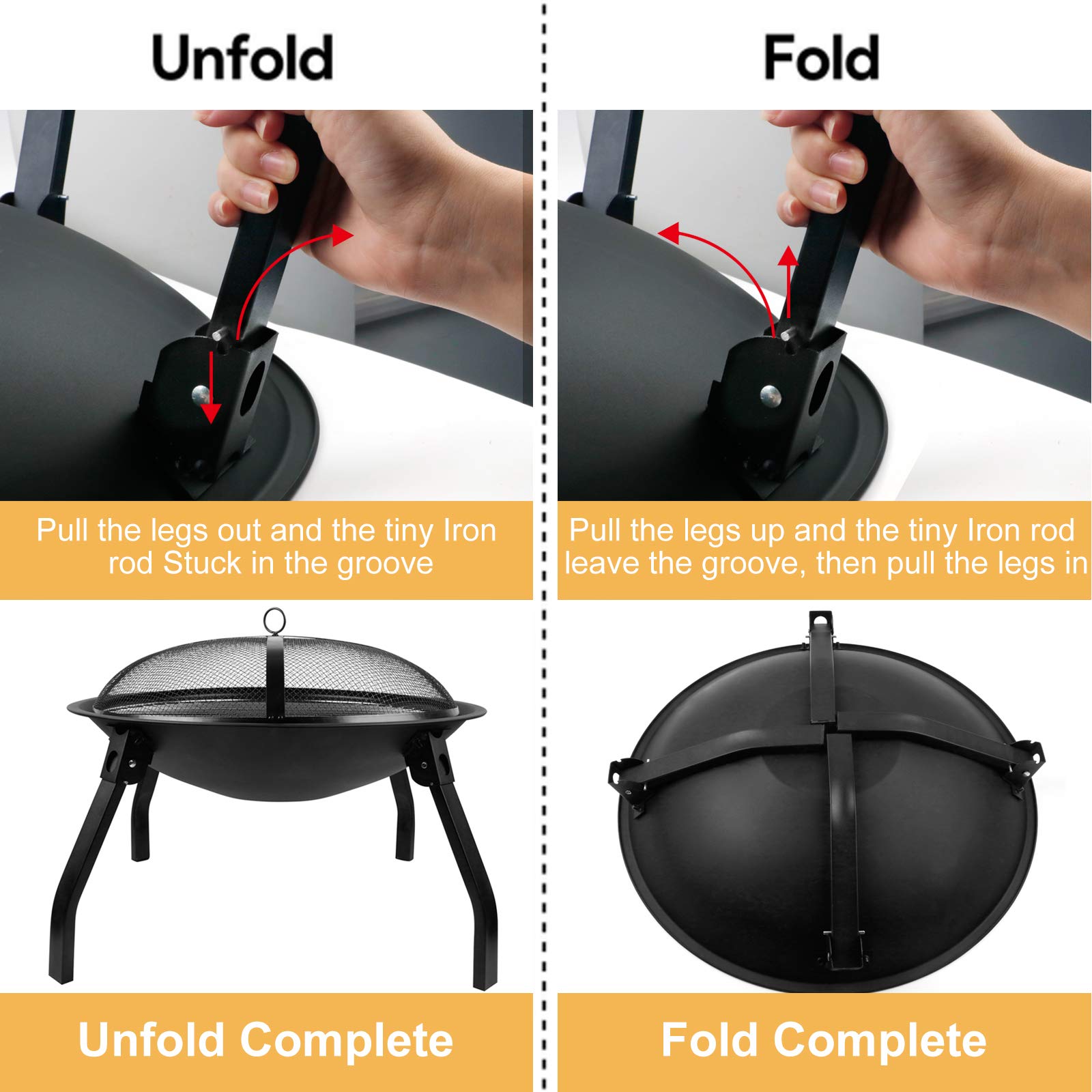 22 Inch Portable Folding Fire Pit - Outdoor Wood Burning Steel BBQ Grill with Mesh Spark Screen & Poker - Perfect for Camping, Backyard, Beach & Patio Gatherings