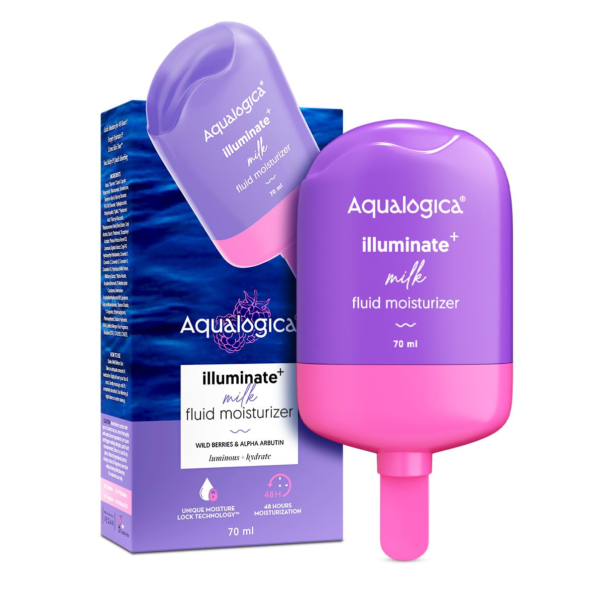 Aqualogica Illuminate + Milk Fluid Moisturizer with Wild Berries & Alpha Arbutin – Lightweight Hydrating Face Cream for Oily to Combination Skin | Brightens & Evens Skin Tone | 48-Hour Deep Moisturization | Non-Sticky Formula | 70ml | Perfect for Daily Skincare Routine & Glow Boosting