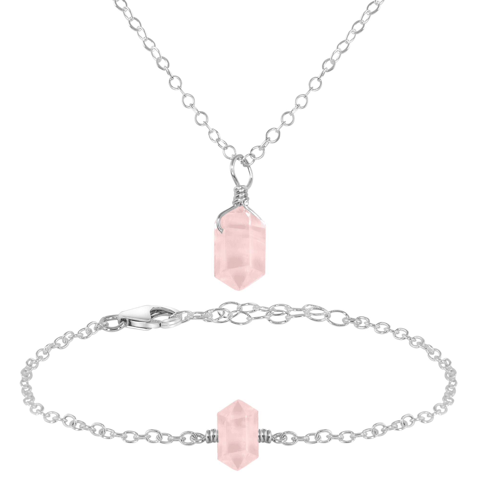 Rose Quartz Double Terminated Crystal Jewelry Set - Healing Stone Necklace & Earrings for Women - Perfect for Meditation, Energy Healing & Spiritual Gifts