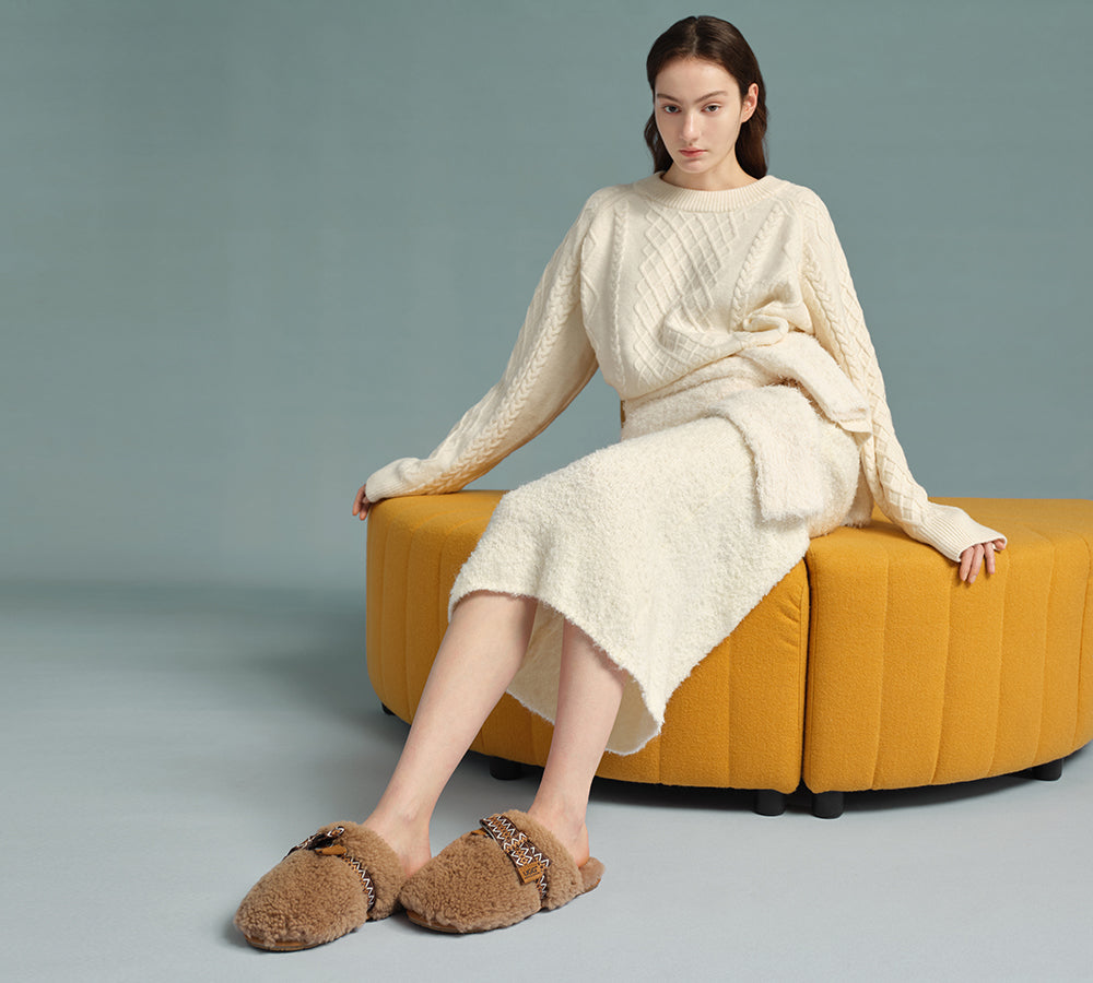 Australian Shepherd® Women's UGG Slippers - Genuine Sheepskin Wool Bow Cecil House Shoes for Women - Cozy Indoor & Outdoor Winter Slippers for Home, Office & Travel