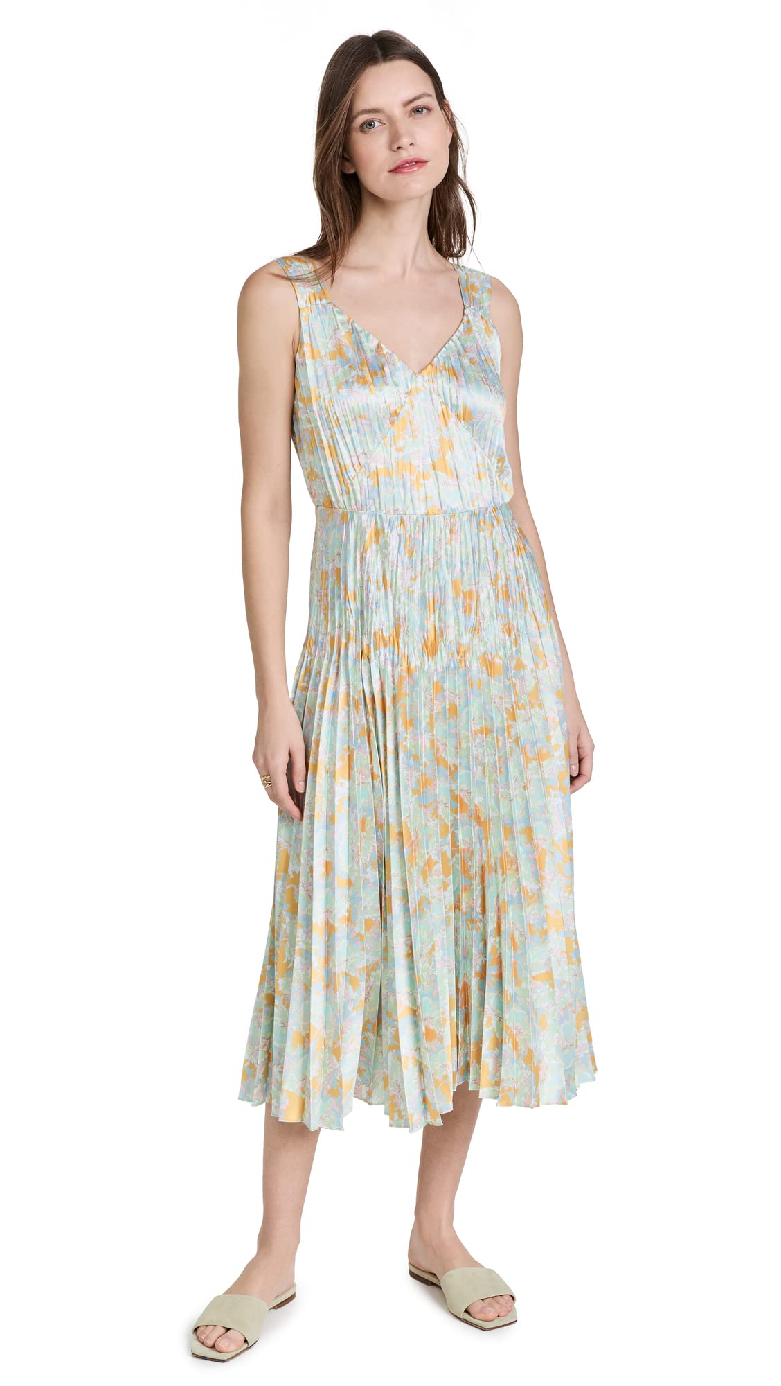 Vince Women's Lotus V-Neck Pleated Slip Dress - Elegant Flowy Midi Dress for Wedding Guest, Cocktail Party & Special Occasions