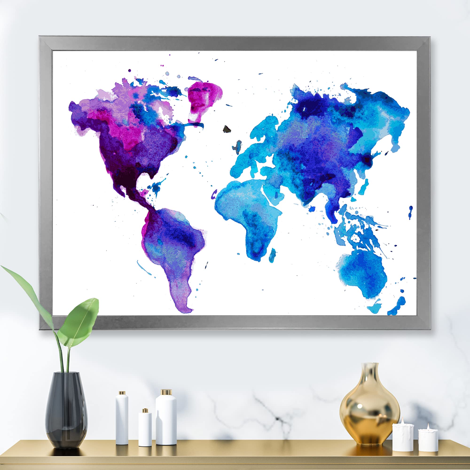 Modern Framed Wall Art - Purple and Blue World Map Decor for Living Room, Office & Bedroom | Stylish Home & Office Decoration