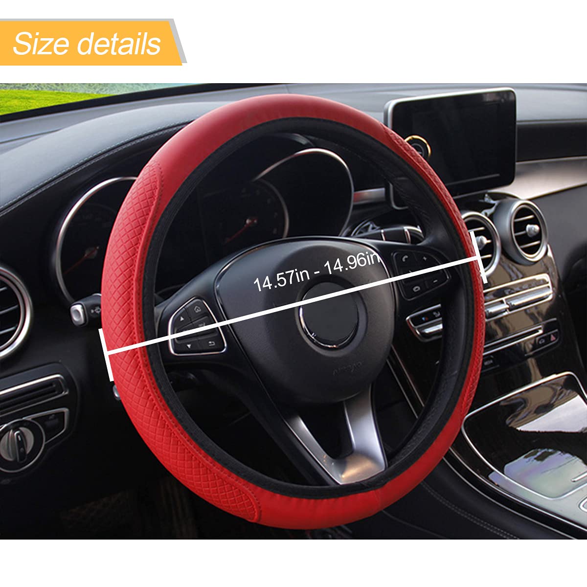 Premium Leather Car Steering Wheel Cover - Elastic, Breathable & Anti-Slip - Universal 15 Inch Fit - for Men & Women (Red) - Perfect for Daily Commuting, Road Trips & Enhanced Driving Comfort