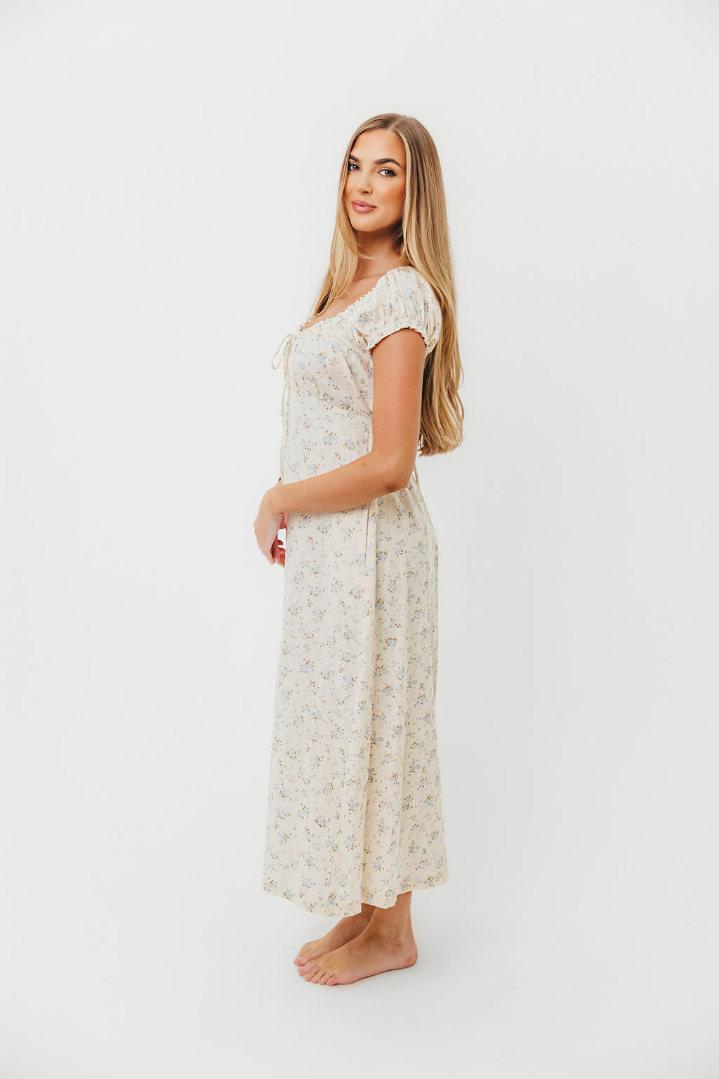 Marley 100% Cotton Midi Dress - Ivory & Blue Floral Print | Bump Friendly Maternity Dress | Perfect for Baby Showers, Brunch & Summer Outings