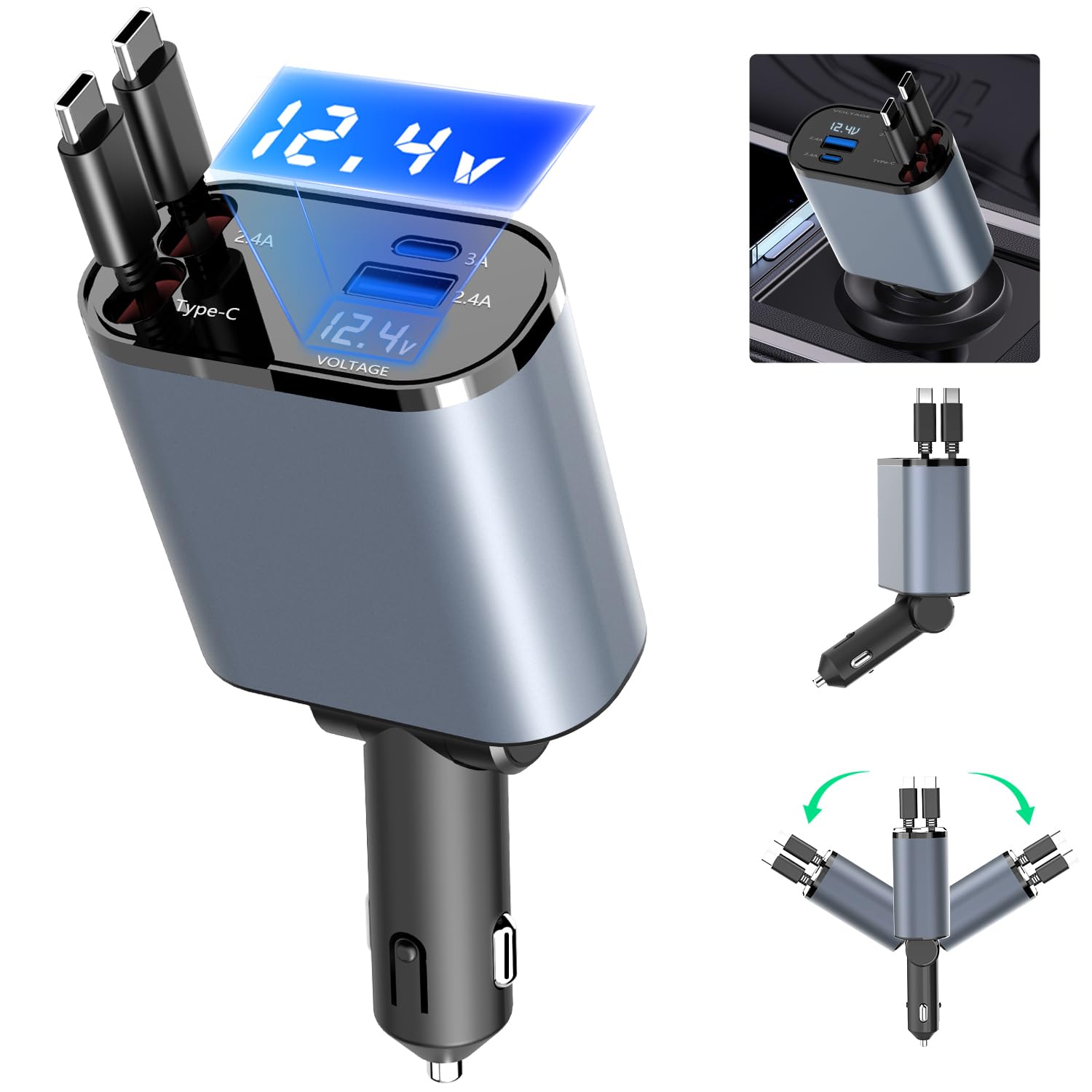 Paiholy 4-in-1 Retractable Car Charger 100W Fast Charging with Dual Type-C & 2 USB Ports - Compatible with iPhone 16/15/14 Pro Max, Galaxy S24/S23, Google Pixel - Perfect for Road Trips, Commuting & Multi-Device Charging in Your Vehicle