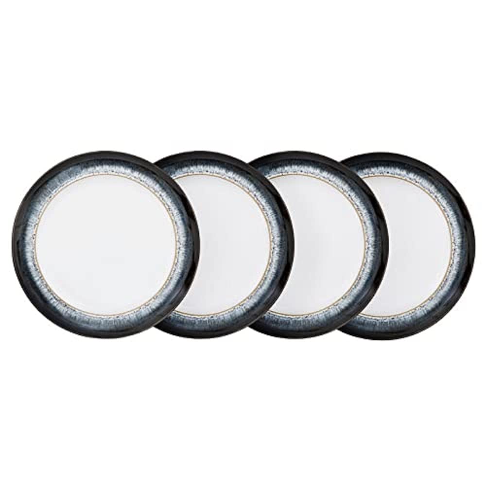 Denby Halo Medium Plates Set of 4 - 24.5cm Black, Grey & White Ceramic Stoneware - Dishwasher & Microwave Safe - Chip & Crack Resistant - Perfect for Everyday Dining, Dinner Parties & Restaurant Use