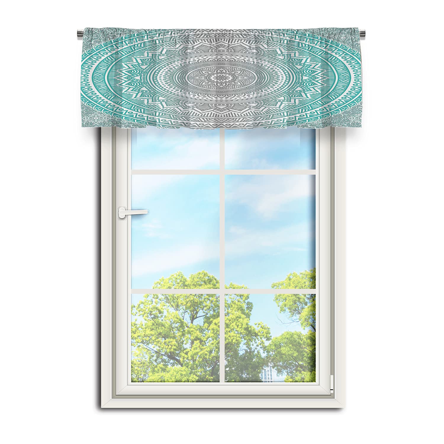 Tribal Geometric Mandala Kitchen Valances - 52 x 18 Inch Window Treatments for Living Room, Bedroom & Bathroom | Room Darkening Half Curtains for Home Decor & Privacy