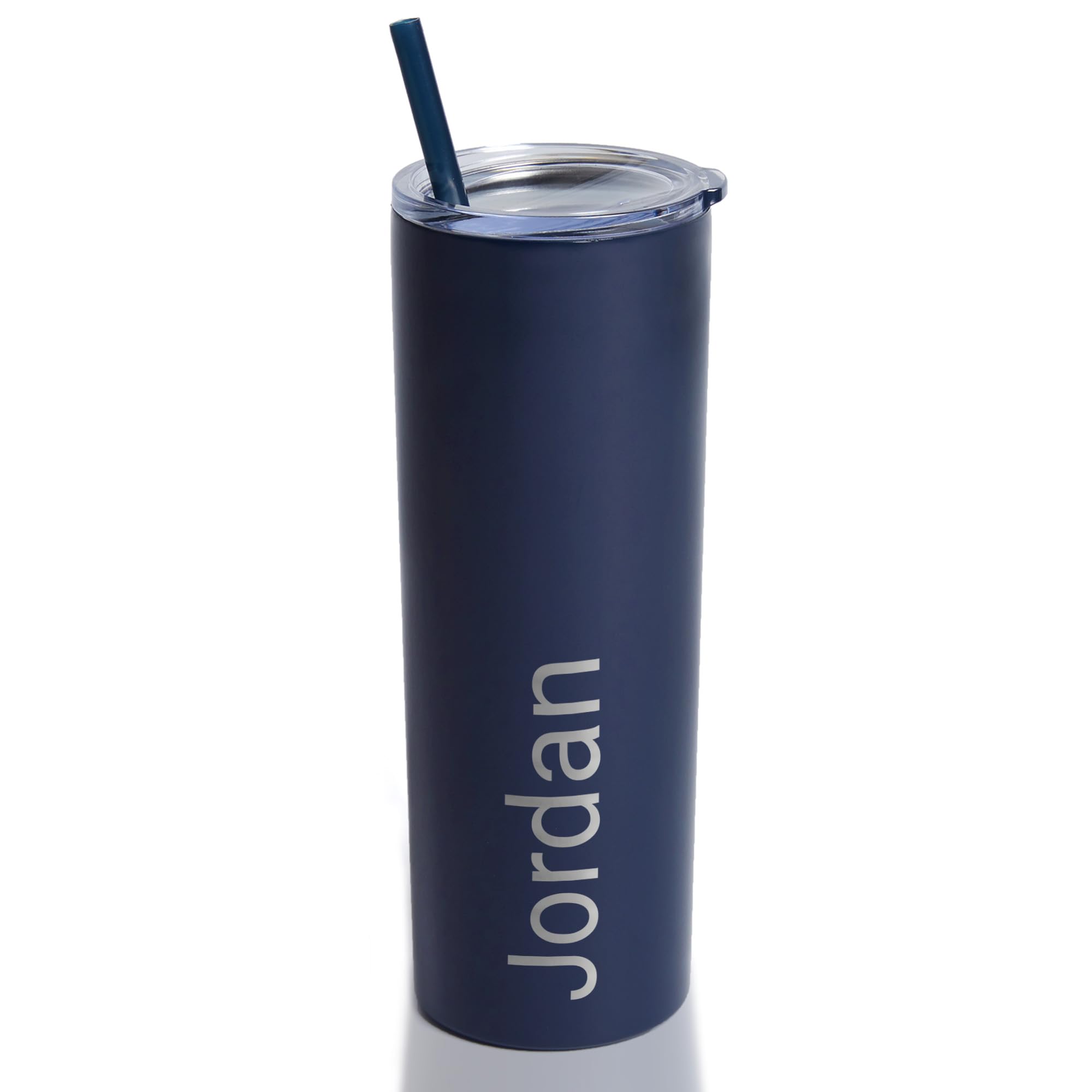 Personalized Stainless Steel Vacuum Insulated 20 oz Skinny Tumbler with Straw - Custom Engraved Name (Navy) - Perfect for Gifts, Office, Gym & Outdoor Activities
