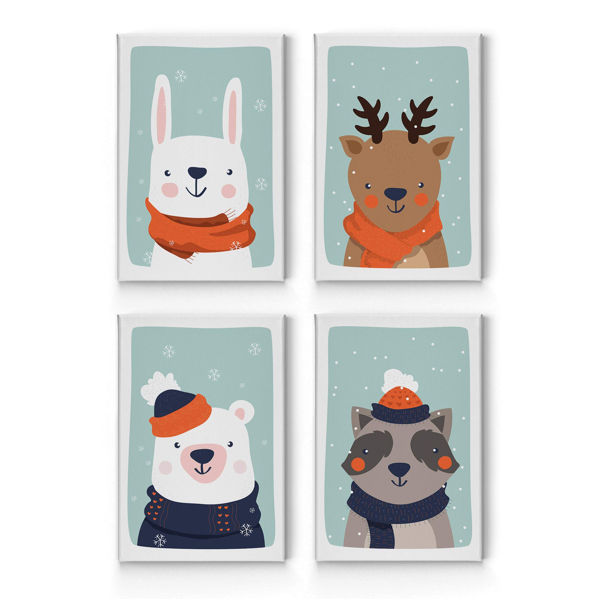 4-Piece Cute Animal Canvas Wall Art Set - Rabbit Deer Bear Raccoon Winter Theme Turquoise Background Kids Room Decor (36x24 inches) | Nursery, Playroom, Bedroom Wall Hanging Art | Made in USA