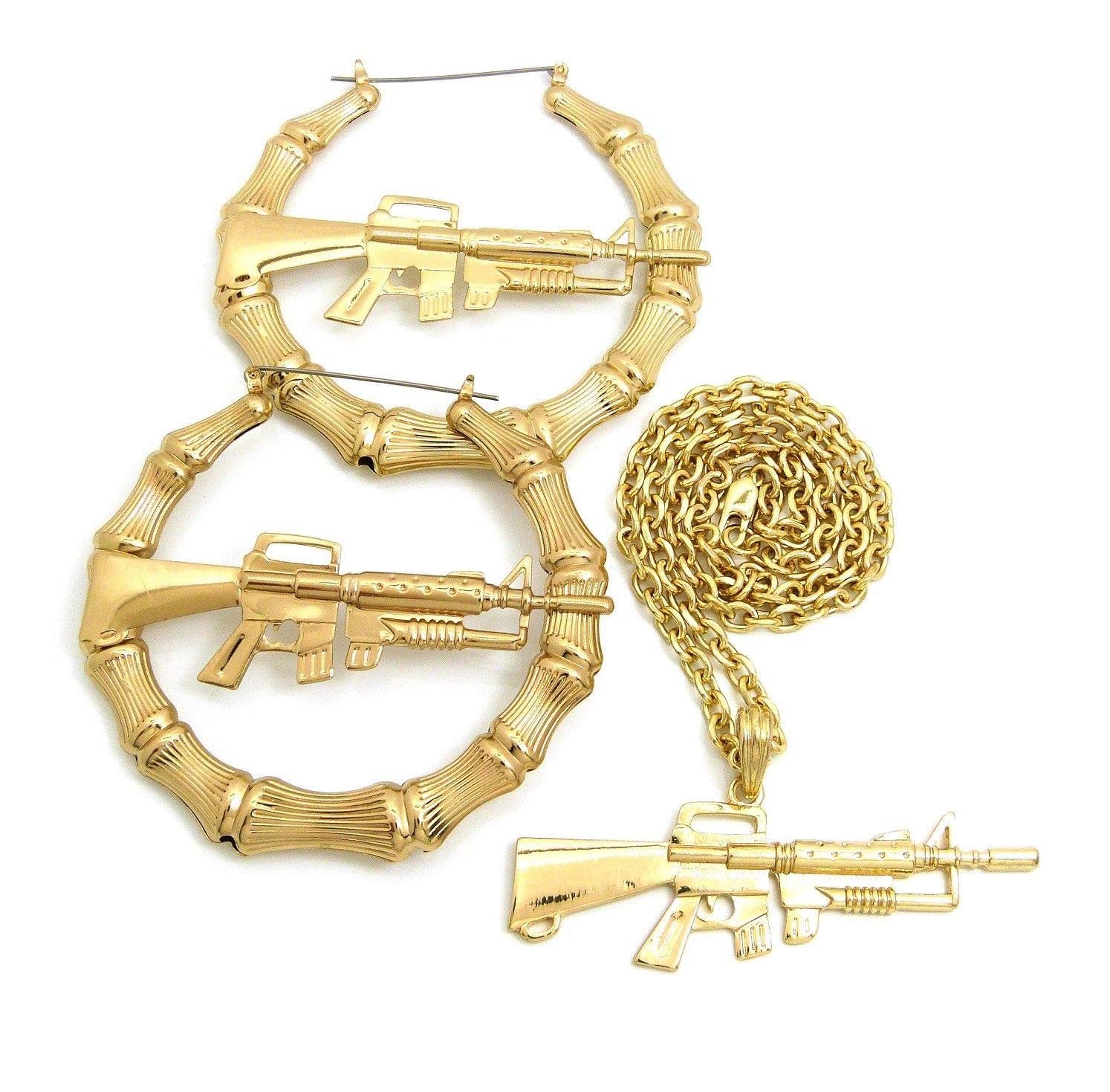 AK47 Machine Gun Pendant Necklace & Hoop Earrings Set - Punk Rock Fashion Jewelry for Men & Women - Perfect for Concerts, Parties and Streetwear Outfits