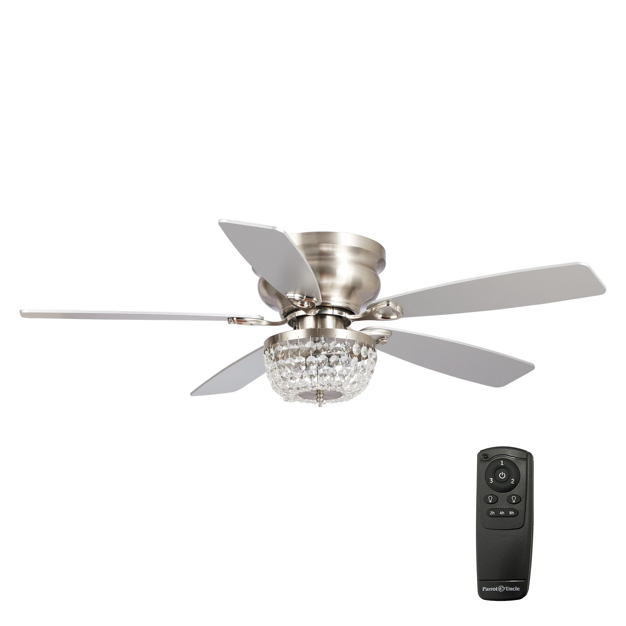 Parrot Uncle 48 Inch Brushed Nickel Flush Mount Ceiling Fan with Light and Remote Control - Low Profile Chandelier Style for Bedroom, Living Room, and Office - Energy Efficient Quiet Operation for Year-Round Comfort