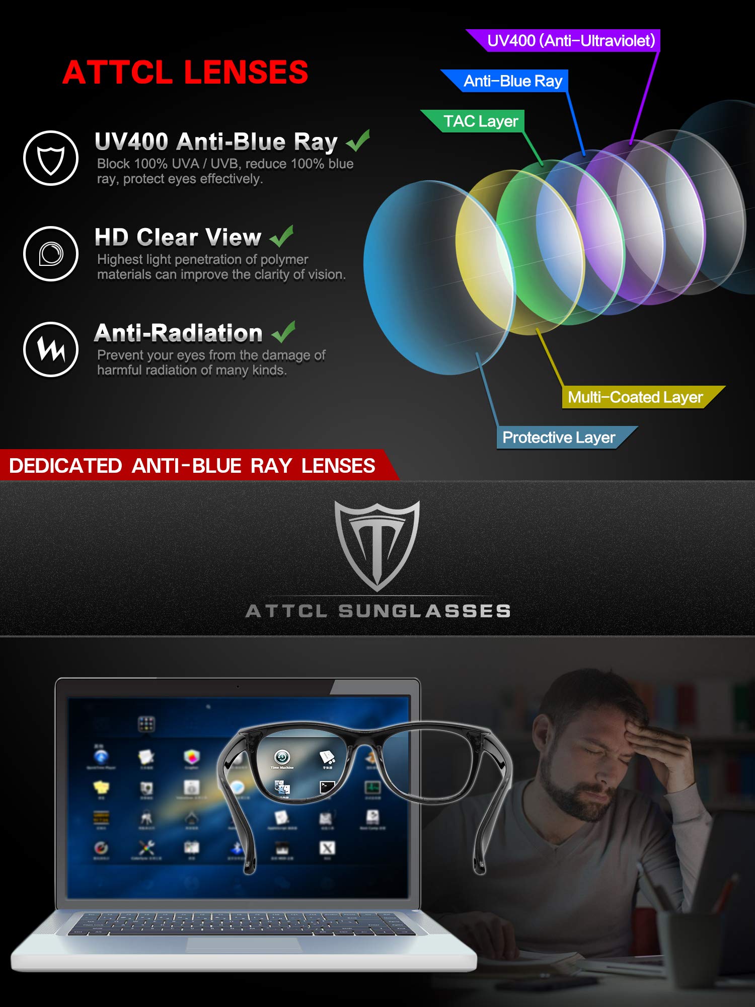 ATTCL Blue Light Blocking Glasses for Women & Men - Anti Eye Strain Computer Gaming Reading Glasses with UV Protection - Perfect for Office Work, Online Classes & Nighttime Screen Use