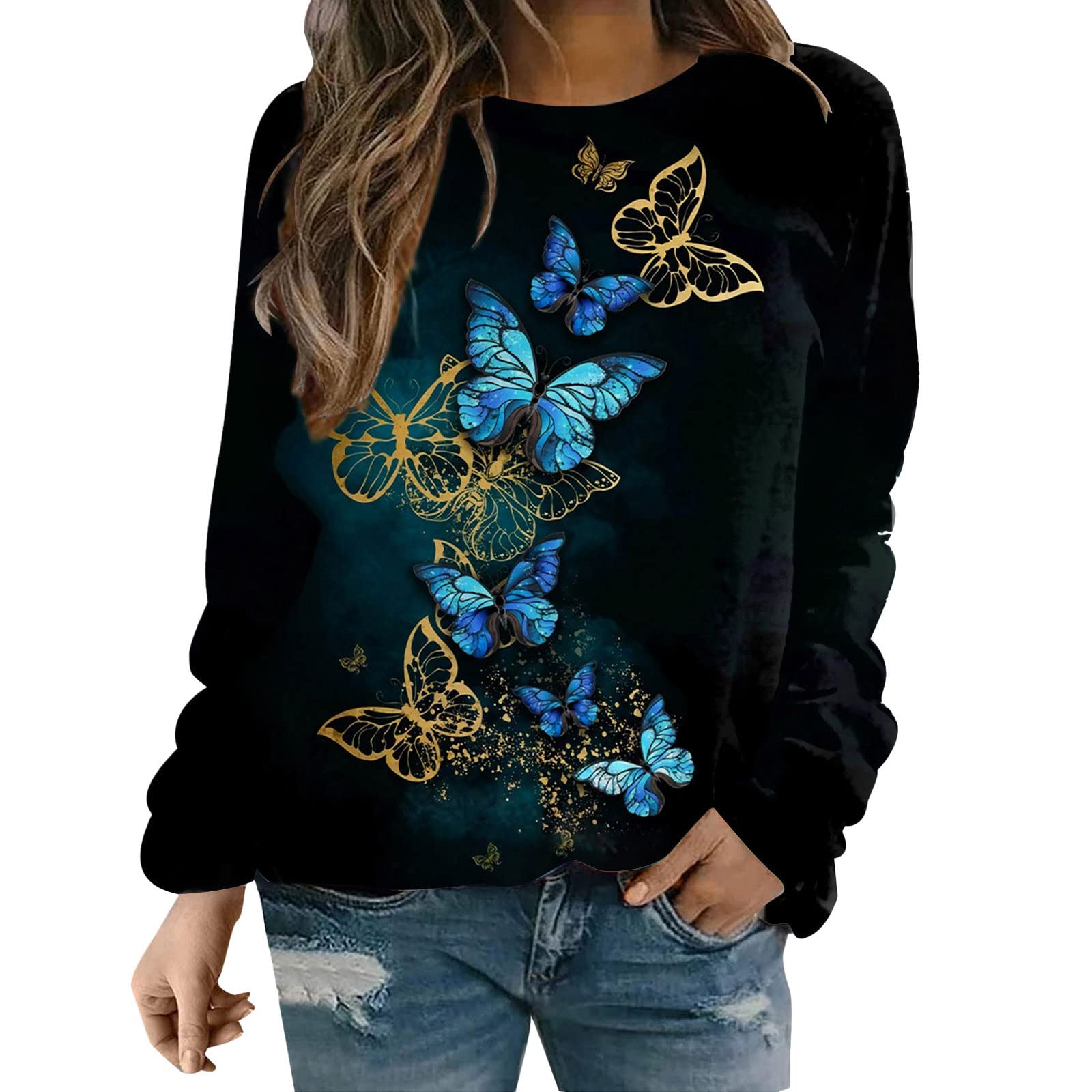 Women's Long Sleeve Full Zip Pullover Sweatshirt - Loose Fit Round Neck Hoodless Top for Casual Wear, Christmas Gift & Winter Fashion