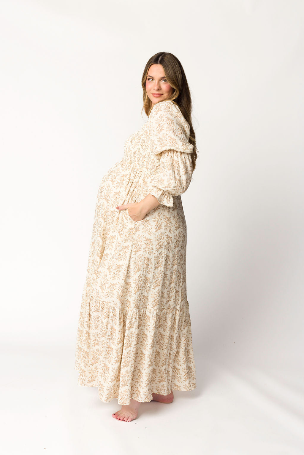 Emerson 100% Cotton Gauze Maxi Dress - Natural/Tan Floral Print, Bump Friendly Maternity Dress for Women | Boho Summer Beach Dress, Pregnancy Photoshoot, Casual Outfit