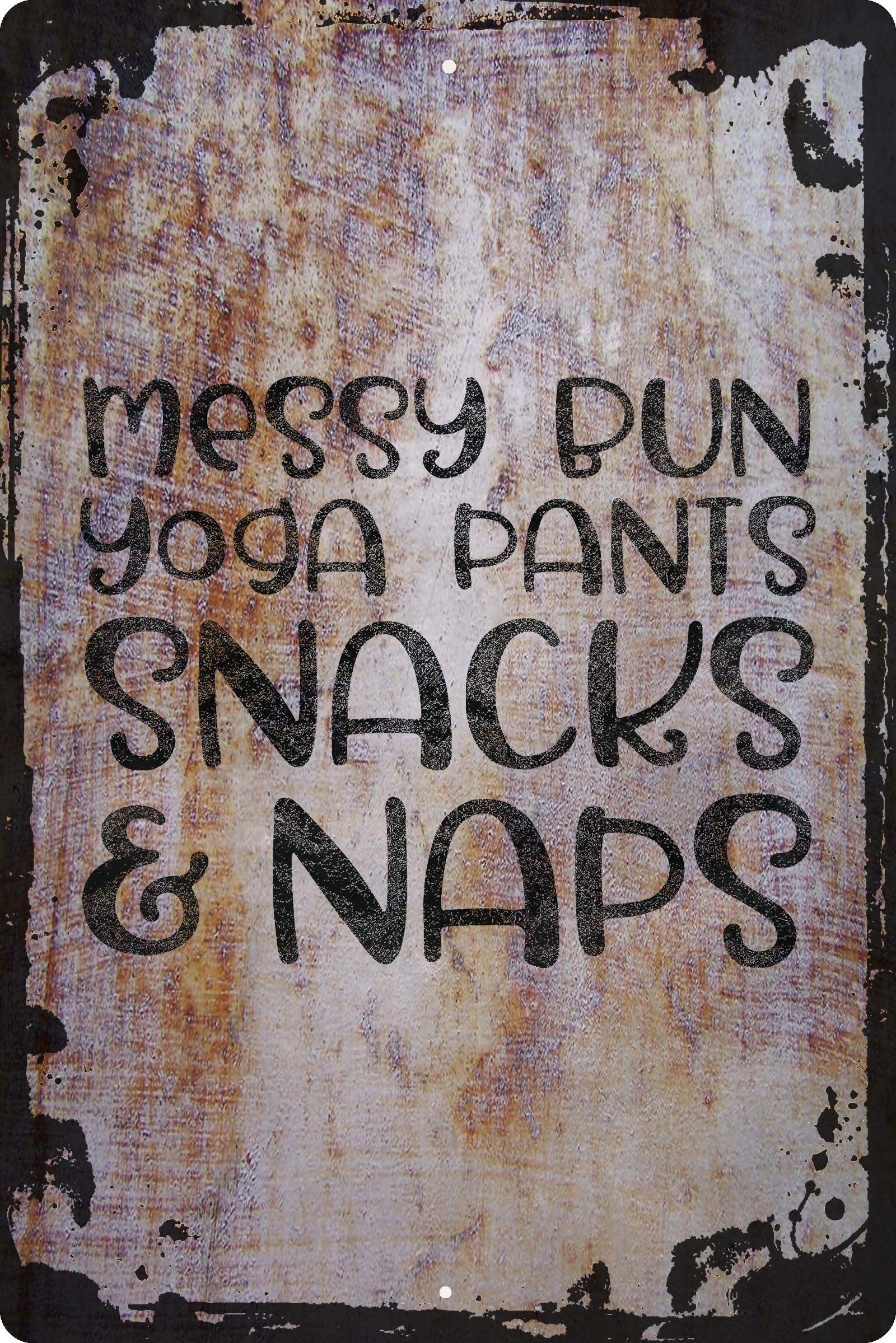 Funny Messy Bun Yoga Pants Snacks & Naps Wall Art Decor - 12x18 Inch Beige Lifestyle Print - Perfect for Yoga Studios, Home Gym Decor & Funny Gift Ideas