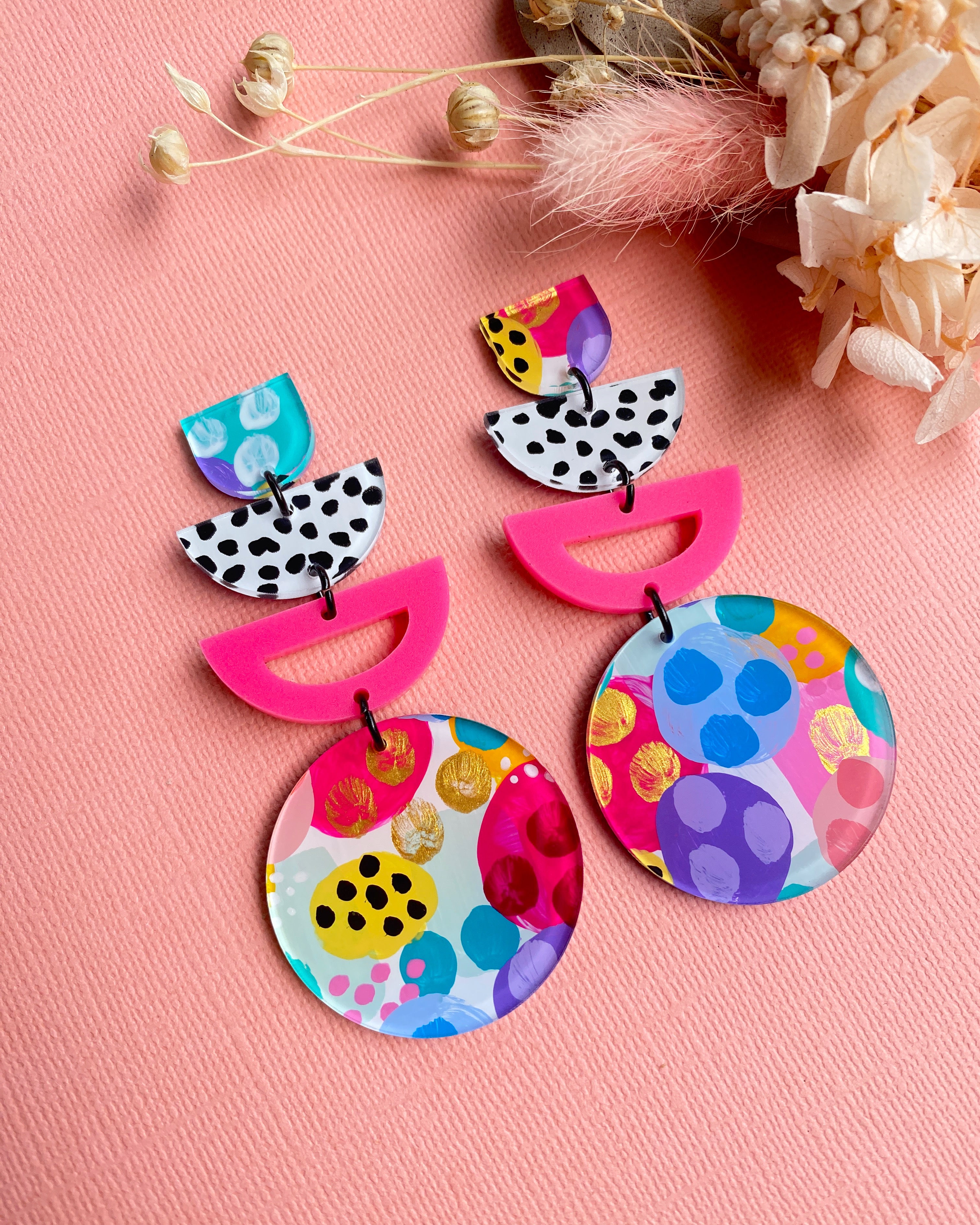 Hand Painted Frankie Dangle Earrings - Unique Dopamine Jewelry by Daisy & Bunny - Perfect for Boho Fashion, Festival Outfits & Gift Giving