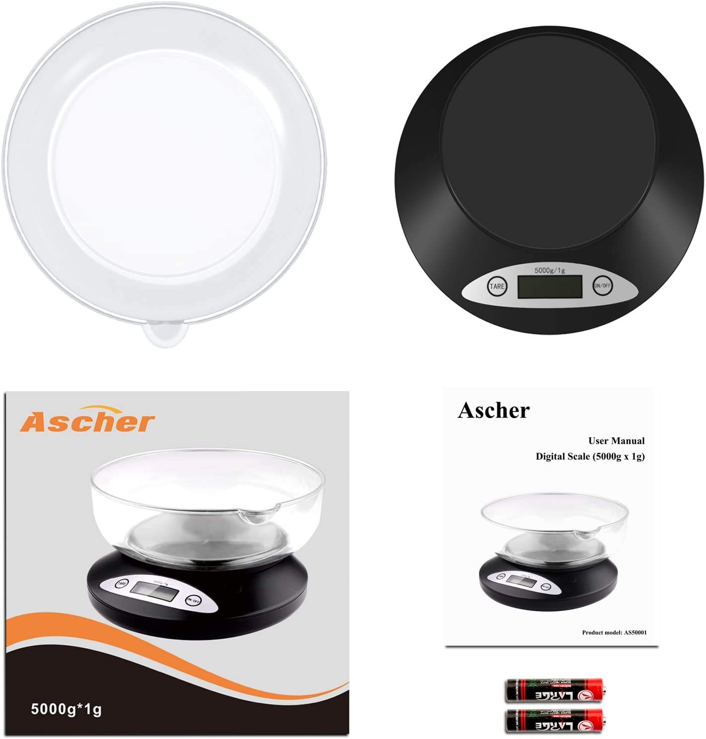 Ascher 5000g Digital Kitchen Scale with Backlit LCD Display - 5kg Precision Electronic Food Scale for Cooking, Baking & Meal Prep (Includes 2 AA Batteries) | Perfect for Home, Restaurant & Professional Use