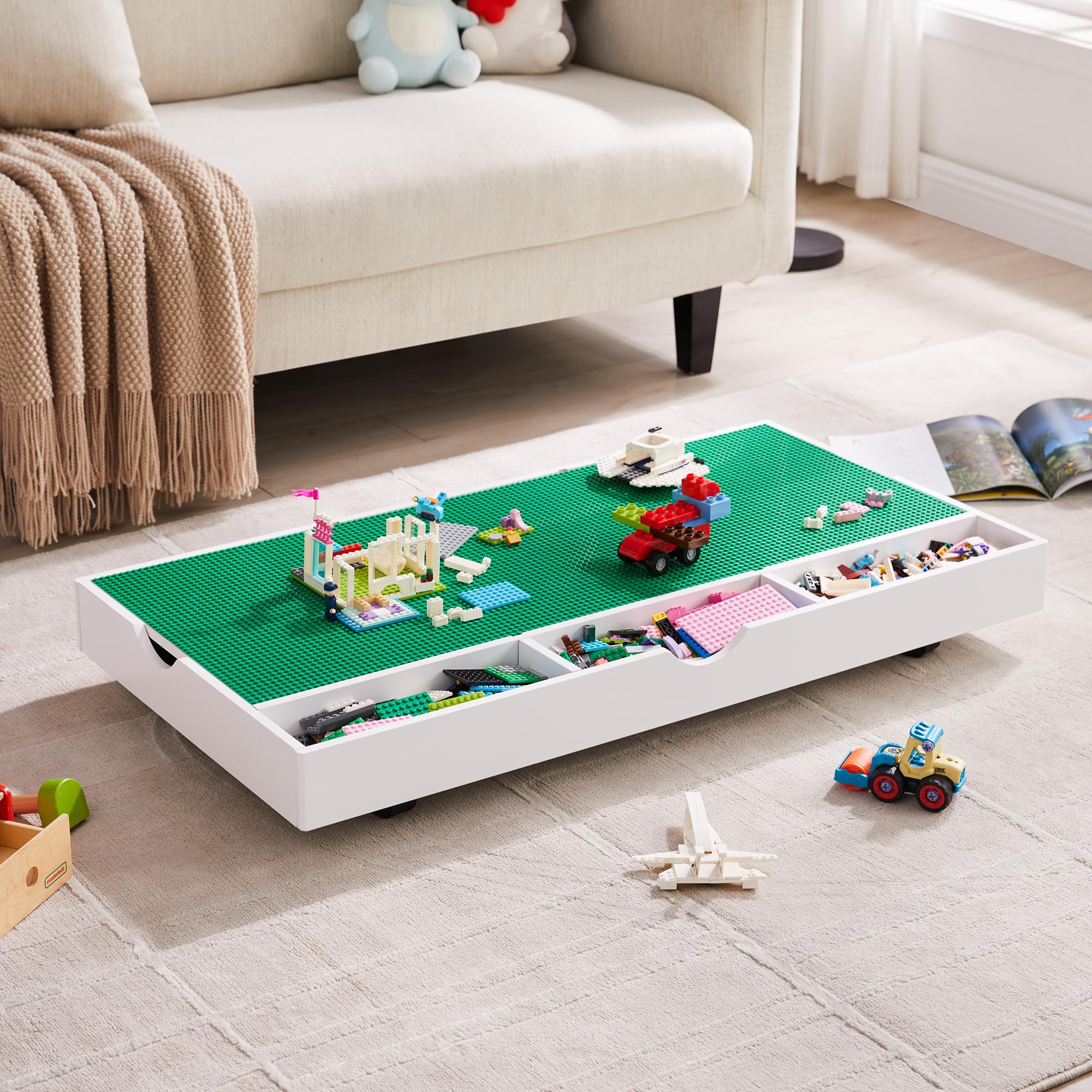 2 in 1 Construction Play Table - Lego Compatible Building Blocks & Train Game Table with Locking Wheels, Storage Space - Kids Activity Center for Bedroom, Playroom or Living Room (White)
