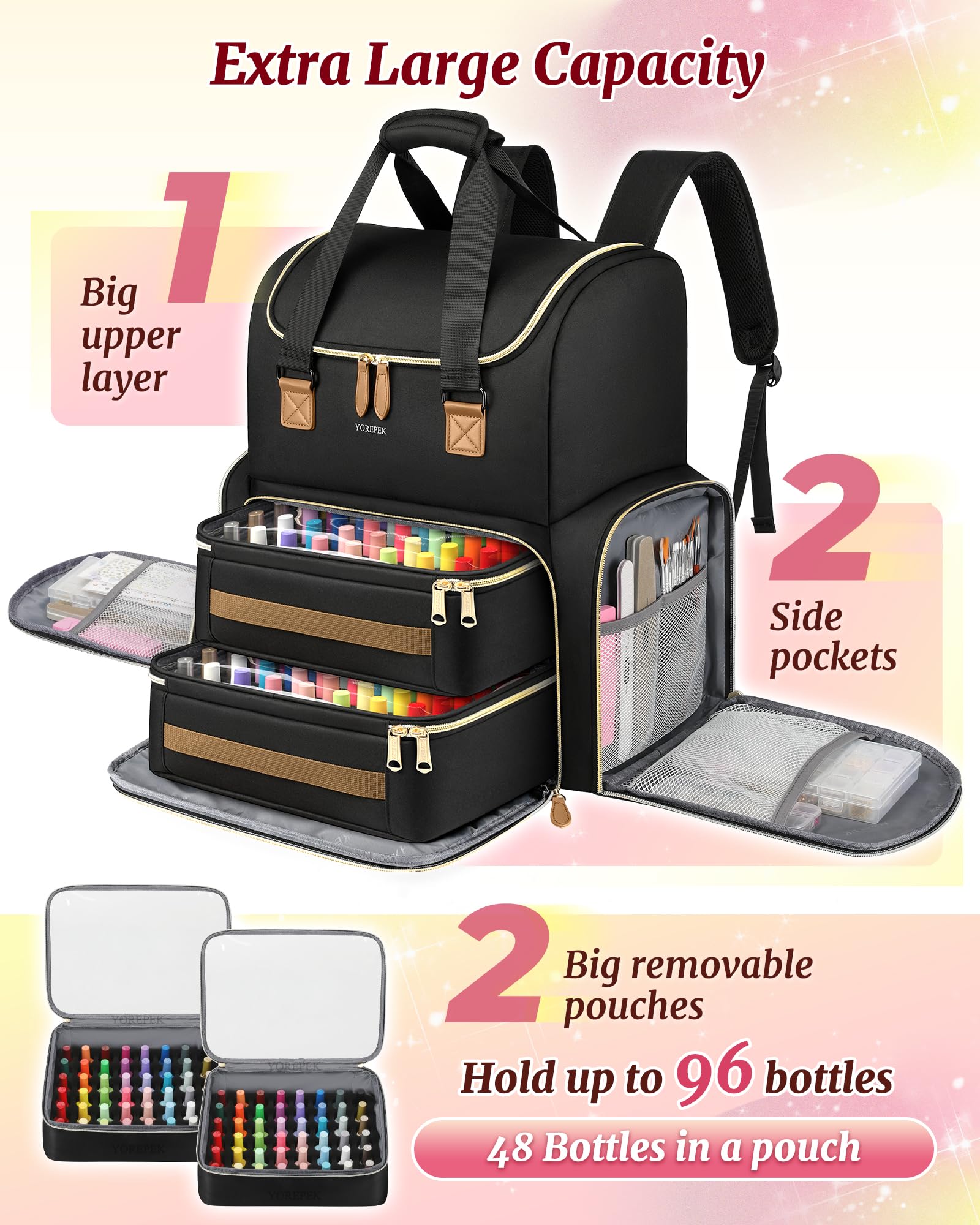 YOREPEK Extra Large Nail Polish Organizer Backpack - Holds 96-100+ Bottles (15ml/0.5oz) with UV Nail Lamp & 2 Removable Pouches - Professional Nail Technician Storage Case - Perfect for Salon, Travel & Home Manicure Organization