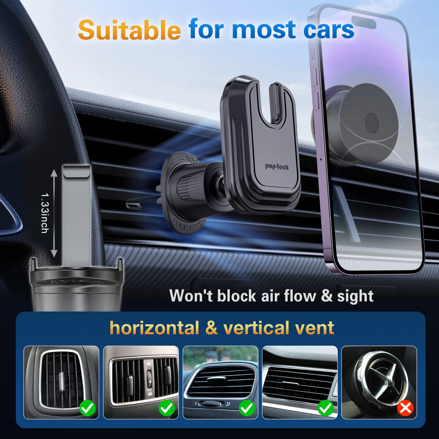 Pop-Tech Car Vent Phone Mount - Universal Air Vent Clip Holder for MagSafe Wallet, iPhone & Samsung - Sticky Adhesive Phone Stand for Hands-Free Driving & Navigation