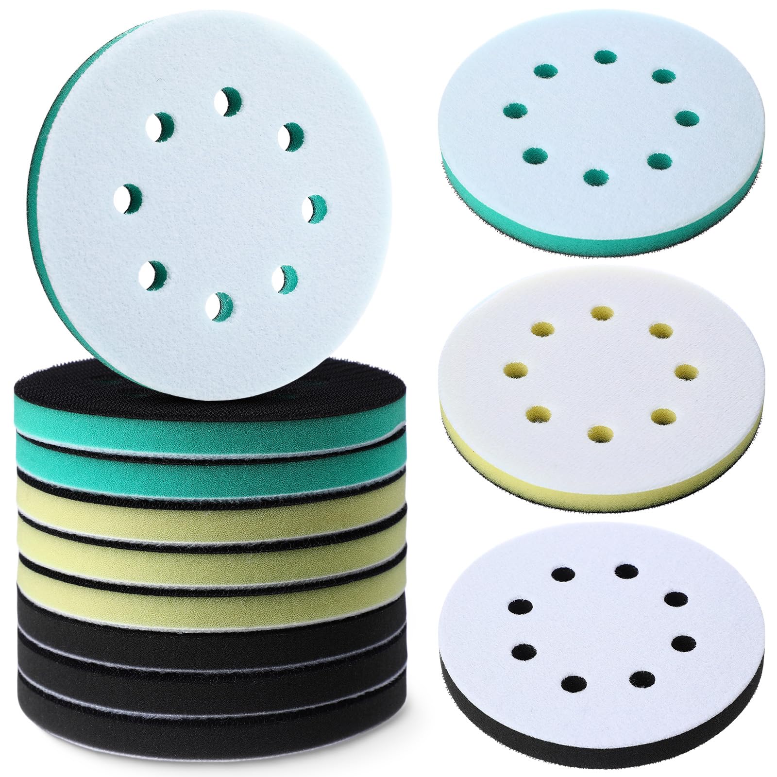 **Loopeer 9-Piece 5-Inch Foam Sanding Pads Set - Hook & Loop Backing, Soft/Medium/Hard Sponge for Orbital Sander - Ideal for Automotive, Woodworking & Polishing (3 Colors)**    *(Use Cases: Perfect for car detailing, furniture refinishing, and metal polishing projects!)*