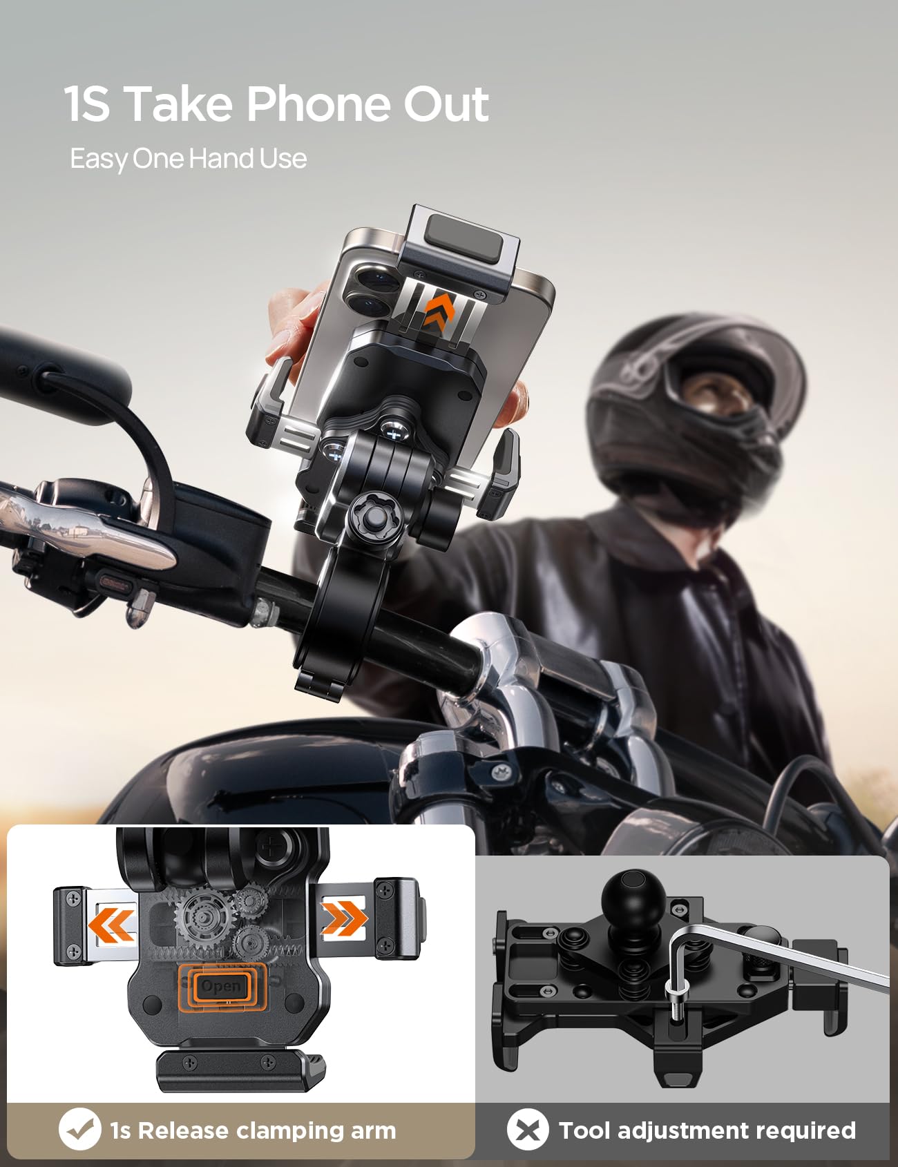 JOYROOM Aluminum Motorcycle Phone Mount with Vibration Dampener - for iPhone/Samsung - Bike/ATV Riding