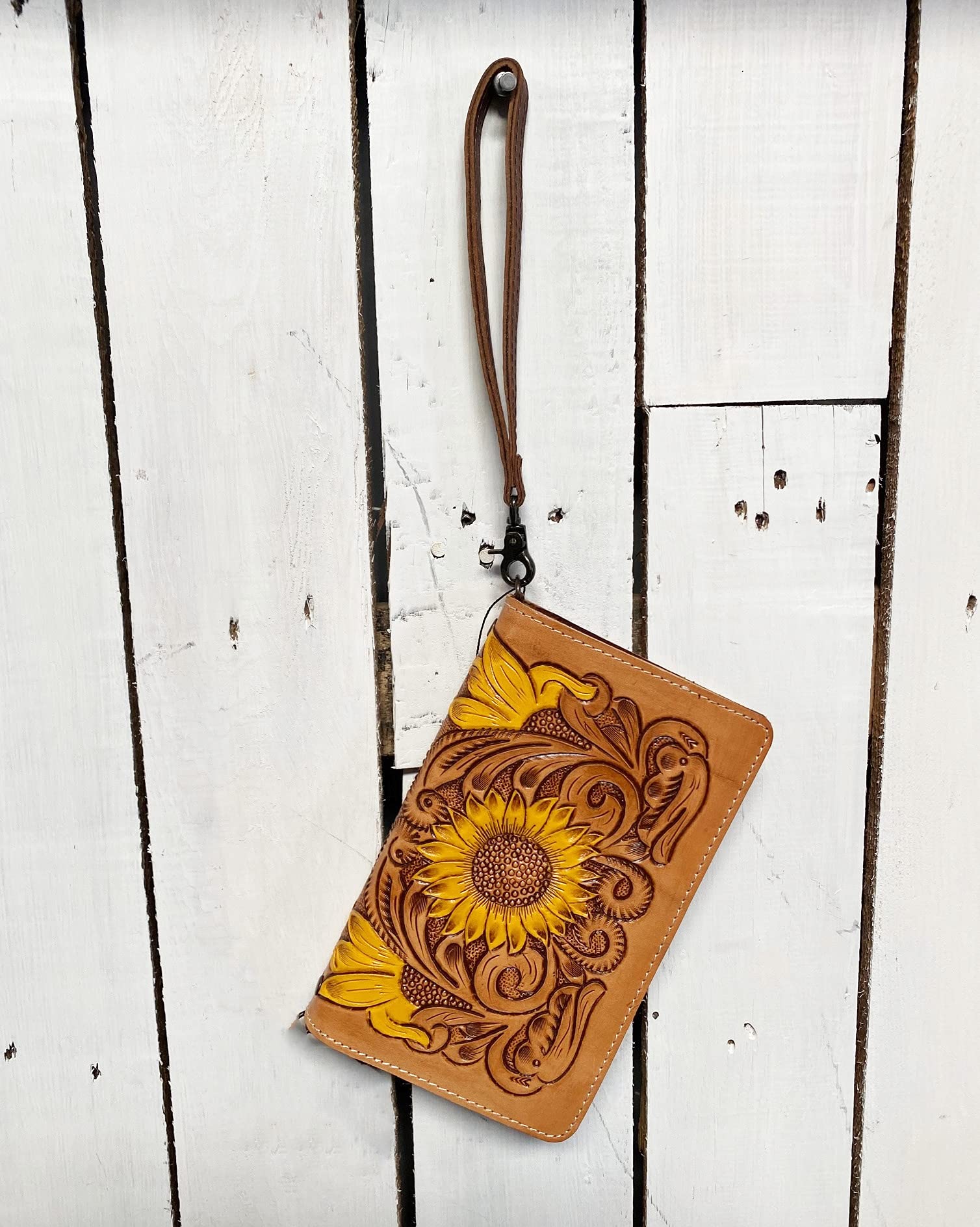 American Darling Women's Tooled Leather Sunflower Crossbody Clutch Purse - Brown Handbag for Casual Outings, Date Nights & Summer Festivals