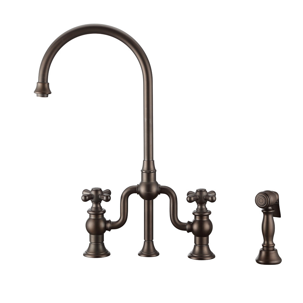Gooseneck Bridge Faucet with Swivel Spout - Solid Brass Cross Handles & Side Spray - Perfect for Farmhouse & Industrial Kitchen Sinks