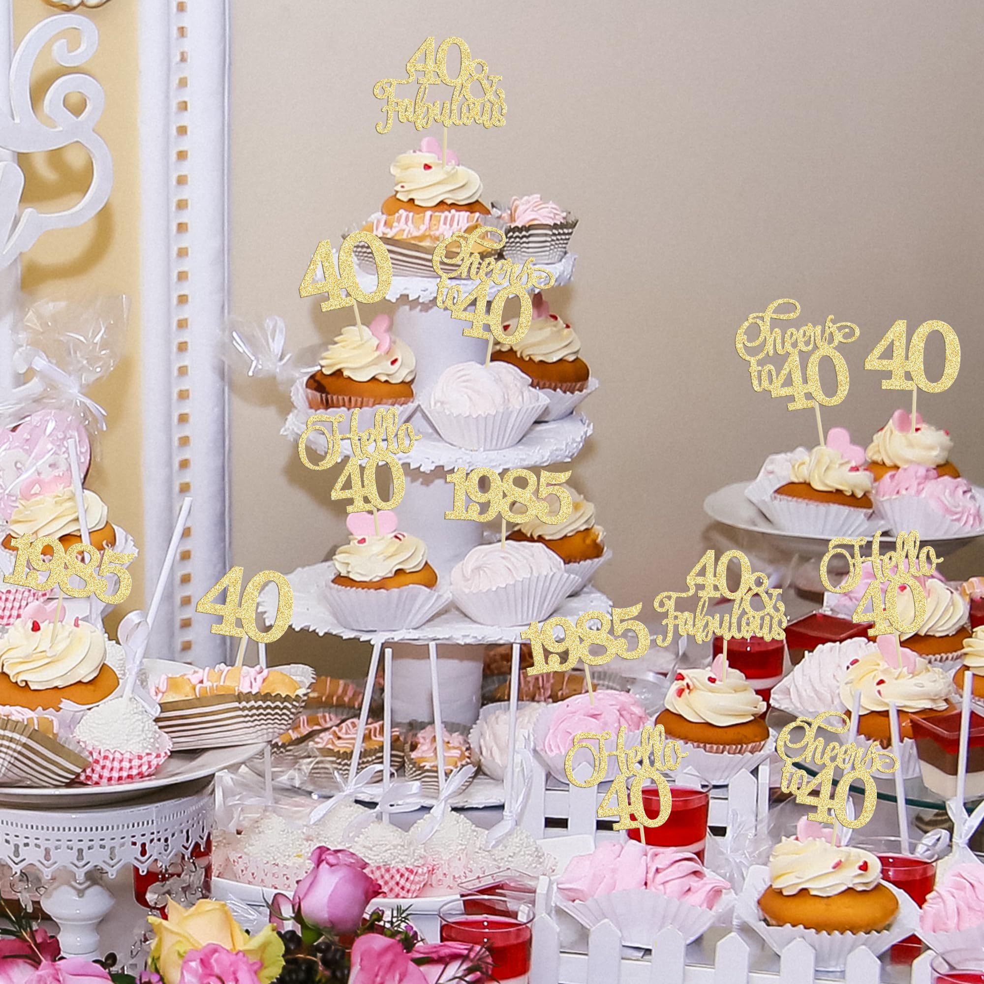 30Pcs Gold 40th Birthday Cupcake Toppers - 40 Fabulous Cake Decorations for Happy 40th Birthday, Wedding Anniversary Party Supplies (1985 Theme) - Perfect for Milestone Celebrations & Dessert Table Decor