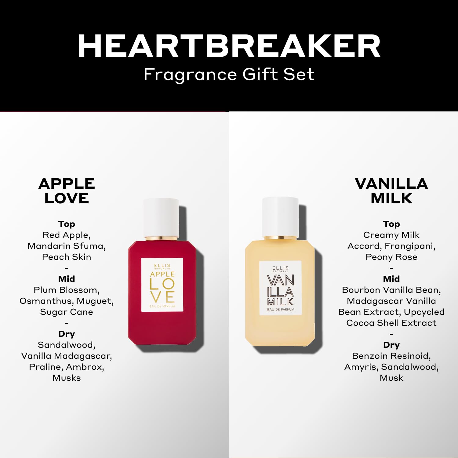 Ellis Brooklyn HEARTBREAKER Perfume Gift Set - 50mL APPLE LOVE Eau De Parfum & 7.5mL VANILLA MILK Eau De Parfum with Black Heart Bag | Romantic Date Night, Anniversary Gift for Her, Valentine's Day Present