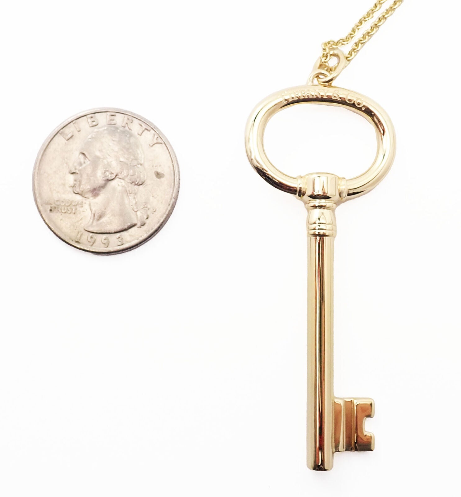 Authentic Tiffany & Co 18k Yellow Gold Oval Key Pendant Necklace - Elegant Jewelry Gift for Women, Perfect for Anniversaries, Birthdays & Special Occasions