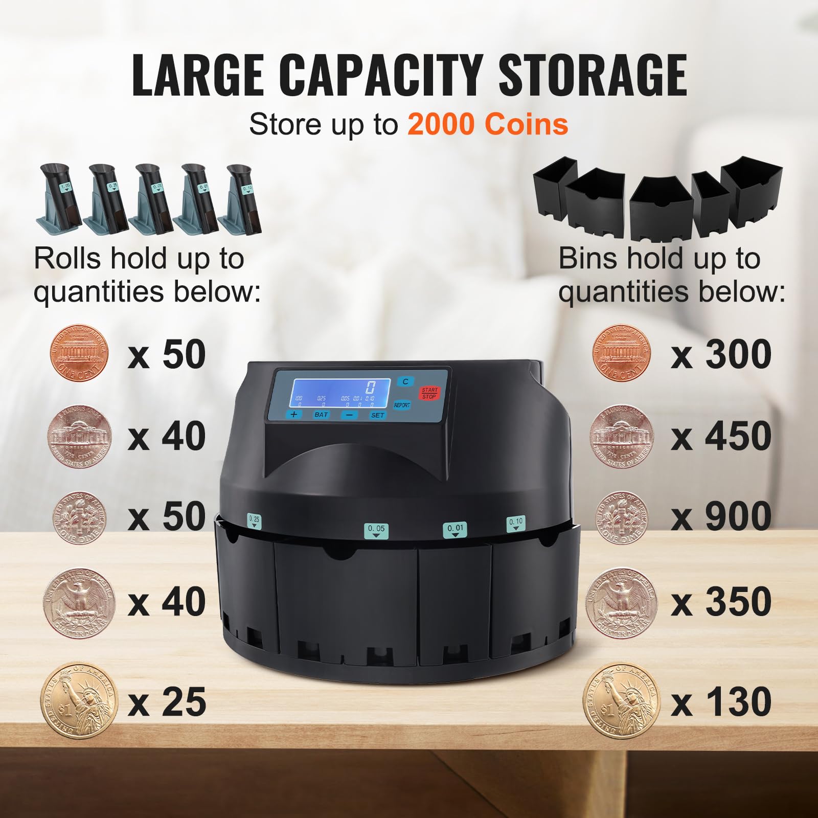 VEVOR Coin Counter & Sorter Machine with LCD Display - High Speed 300 Coins/min, 2000 Coin Capacity for US Currency (Pennies, Nickels, Dimes, Quarters & $1 Coins) - Includes 5 Sorting Bins & Tubes - Perfect for Banks, Retail Stores & Cash-Intensive Businesses