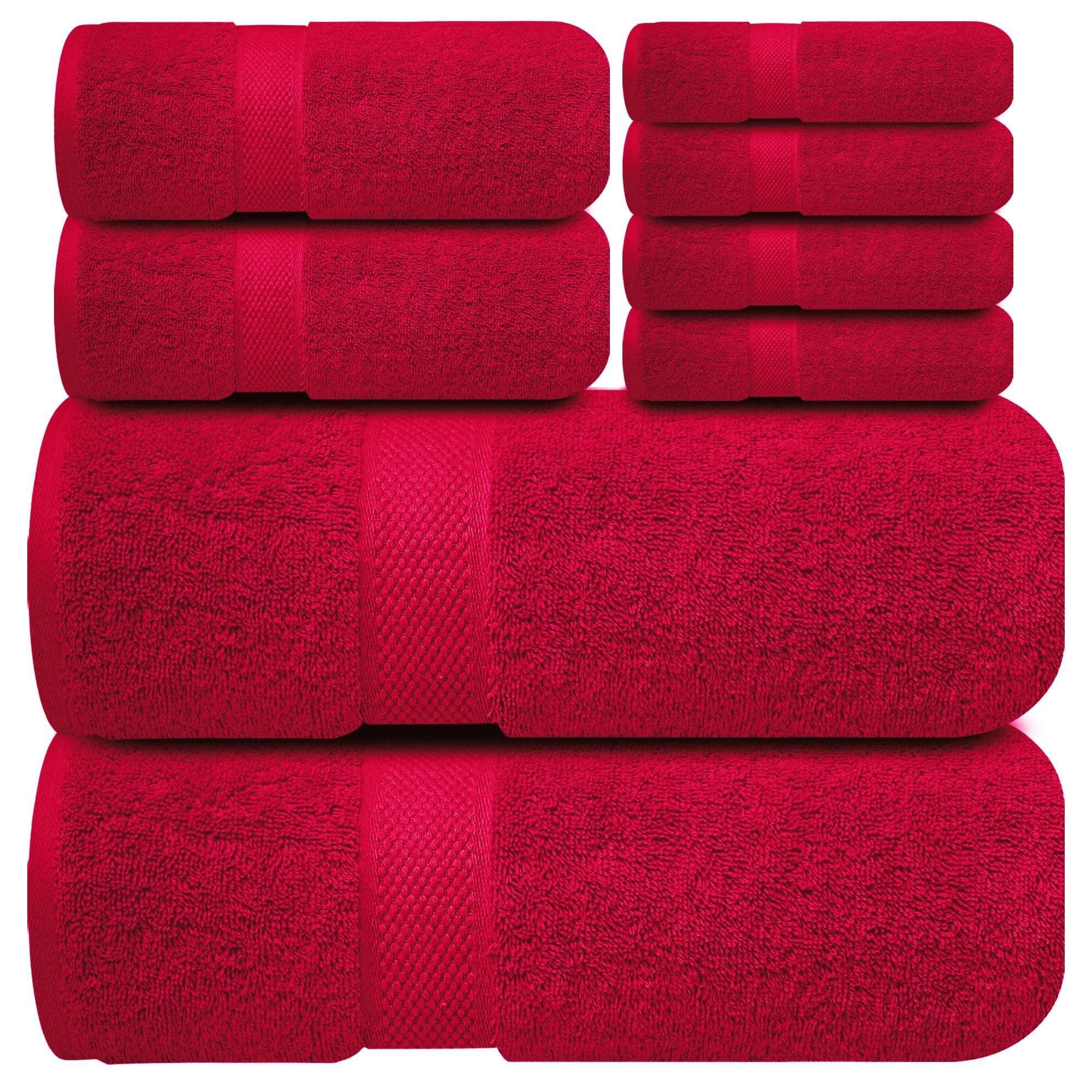 Luxury 100% Cotton Bath Towel Set - 8 Piece (2 Bath Towels, 2 Hand Towels, 4 Washcloths) - Super Soft & Highly Absorbent - Intimate Red - Perfect for Bathroom, Spa, and Guest Use