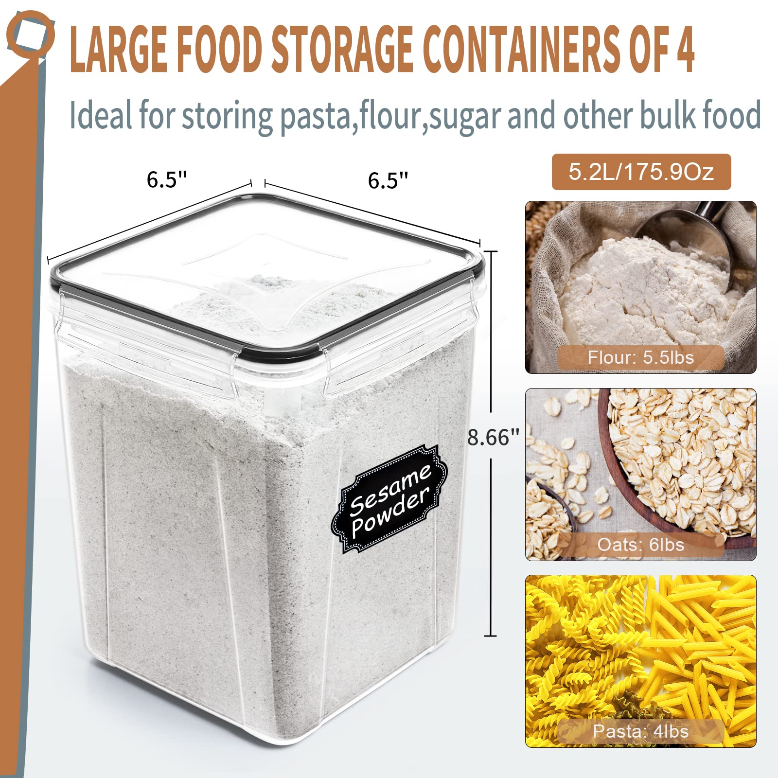 Large Airtight Food Storage Containers with Lids - 4-Piece 5.2L Set for Kitchen Pantry Organization | Perfect for Cereal, Flour & Baking Supplies | Includes Labels & Marker | Ideal for Meal Prep, Bulk Food Storage & Countertop Organization