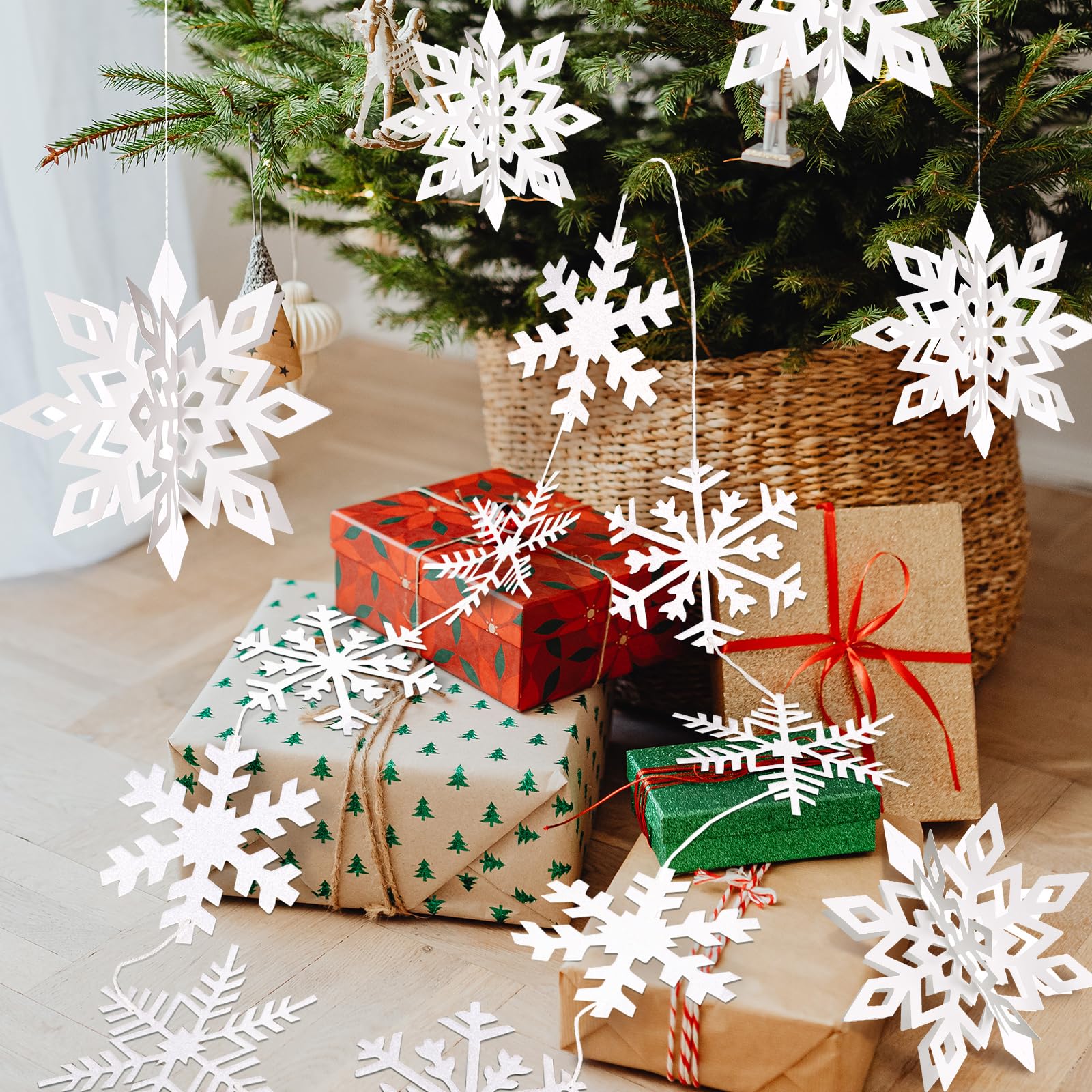 30pcs 3D Hanging Snowflake Decorations - Large Paper Snowflake Garland for Christmas Tree & Winter Wonderland Party Decor - Indoor Home Holiday Decorations for White Christmas, New Year & Winter Weddings
