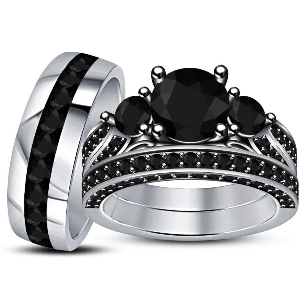 Elegant Black Diamond Wedding Ring Set for Bride & Groom - 14K White Gold Plated Trio Bridal Band Set | Perfect for Engagement, Anniversary & Romantic Occasions