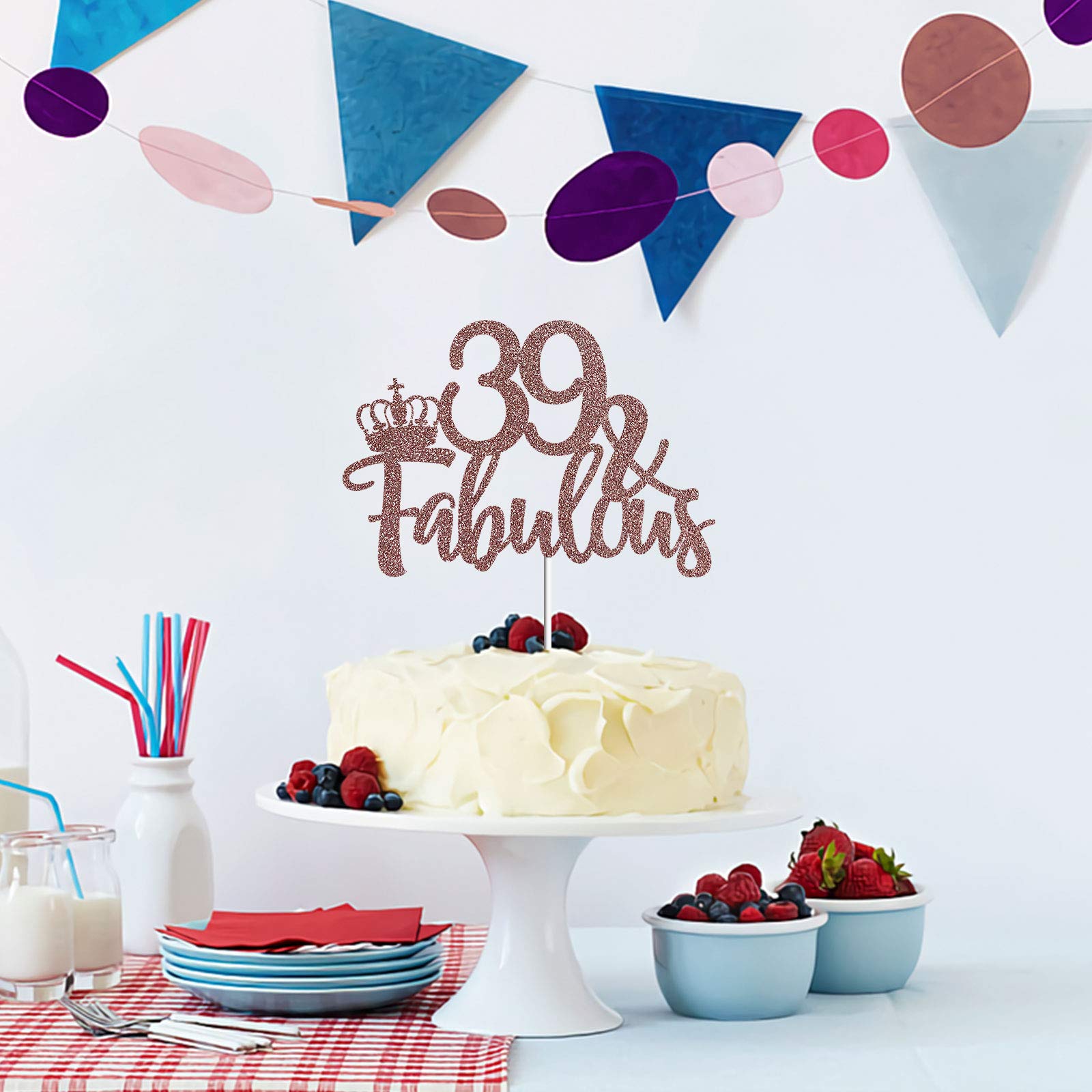Rose Gold Glittery 39 & Fabulous Cake Topper - Happy 39th Birthday Cake Decorations - Cheers to 39 Years Party Supplies for Women - Perfect for Birthday Cakes, Cupcakes & Dessert Tables