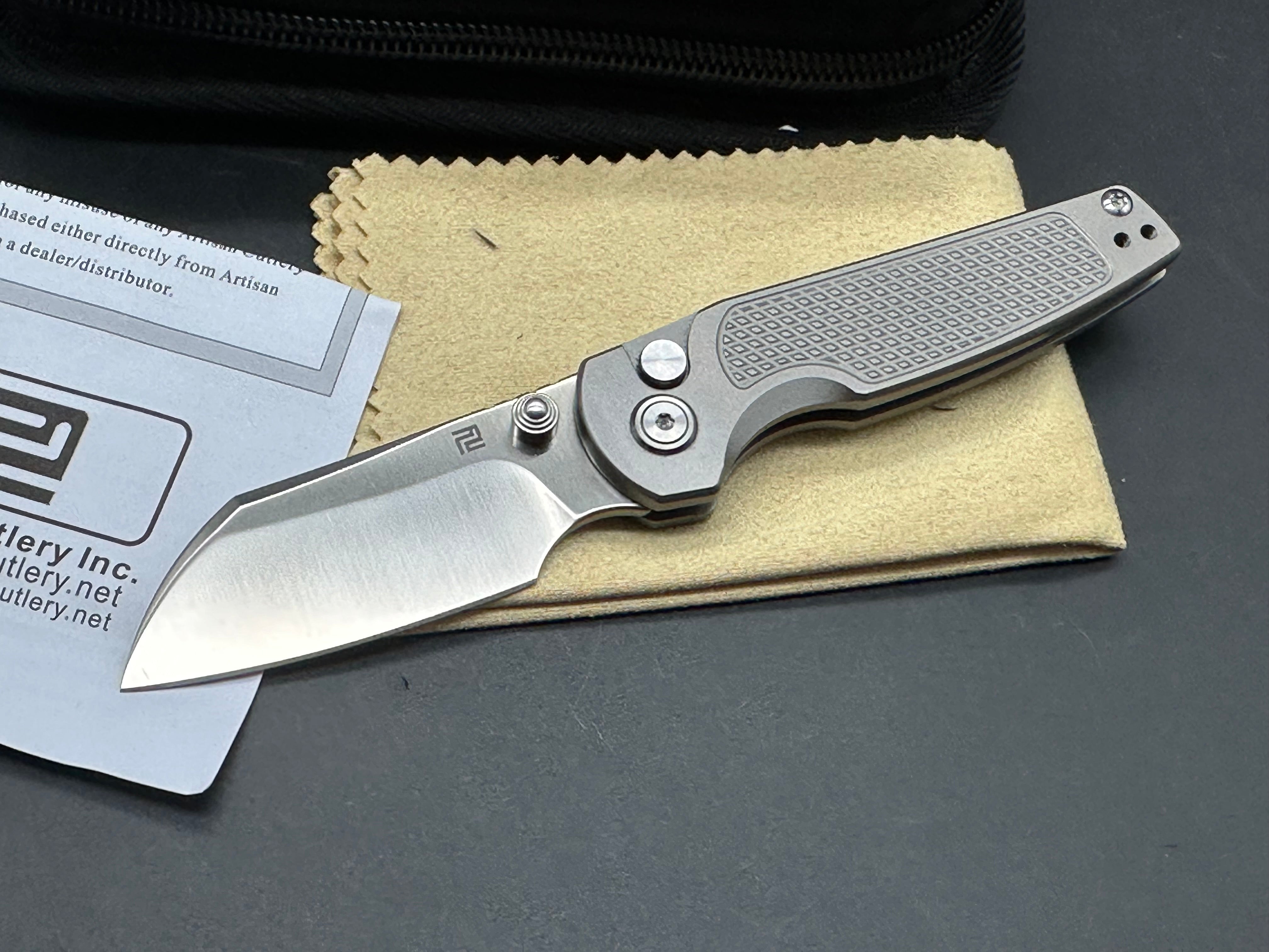 ARTISAN CUTLERY CLEO Button Lock Folding Knife - Titanium Handle, S90V Steel Plain Edge - EDC Pocket Knife for Outdoor, Camping & Everyday Carry