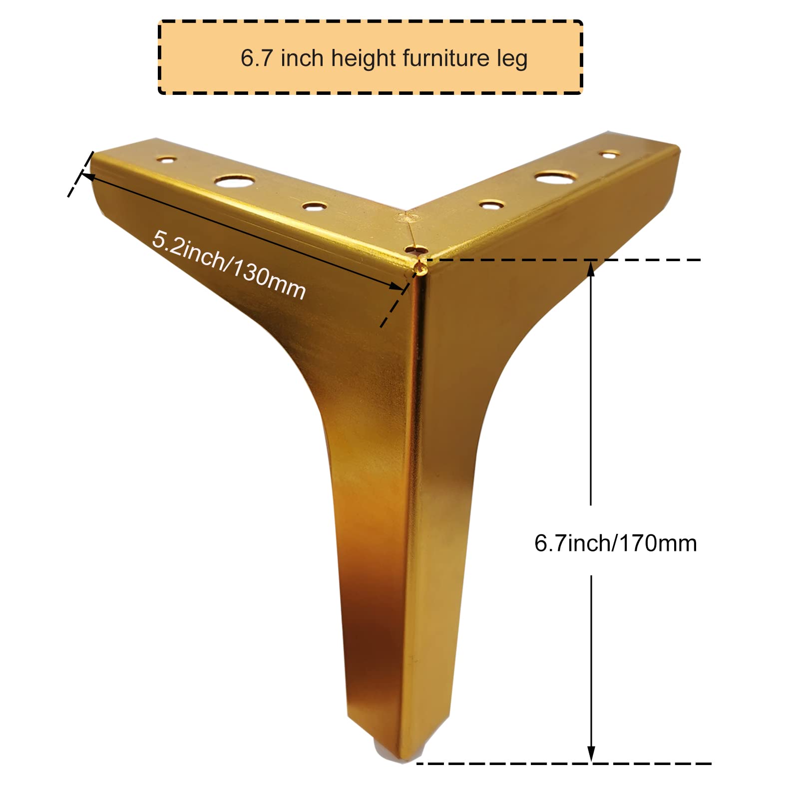 6.7 Inch (17 cm) Gold Metal Furniture Legs Set of 4 - Modern Triangle Feet for Sofa, Cabinet, Cupboard, Couch, Chair & Ottoman - Perfect for Living Room, Bedroom & Office Furniture Upgrade