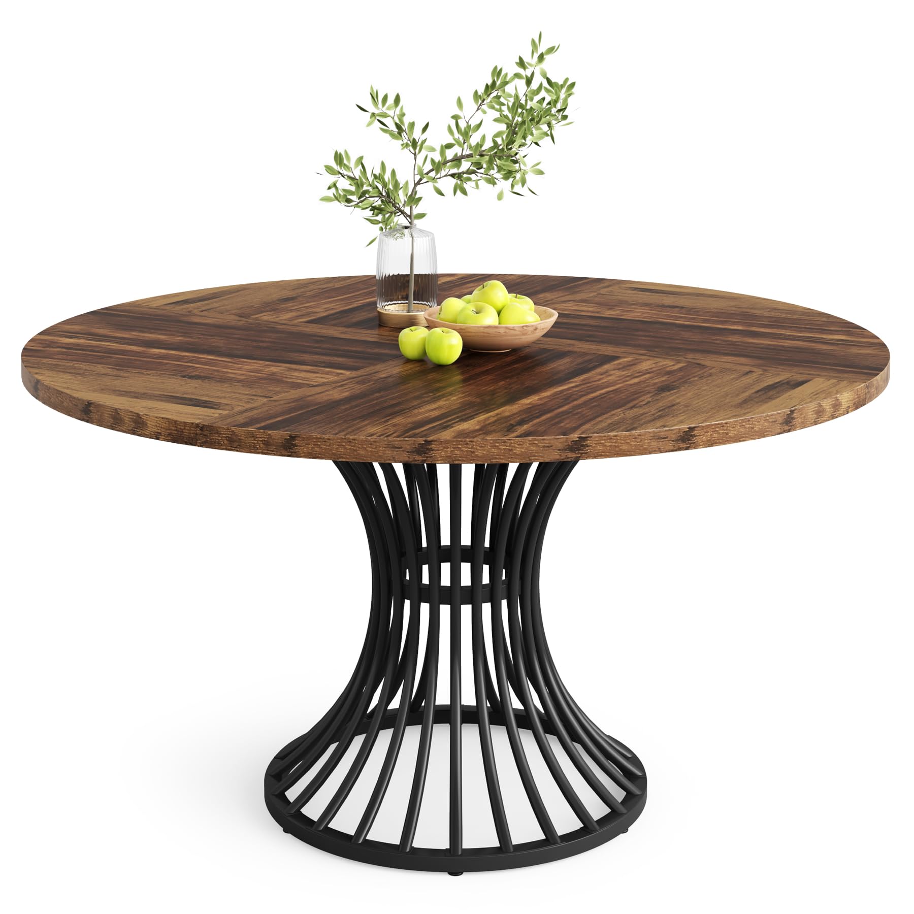 Tribesigns 47-Inch Round Dining Table for 4-6 People, Farmhouse Kitchen Table with Metal Base, Industrial Style Circle Dinner Table for Kitchen, Living Room, Dining Room - Black and Brown Finish, Perfect for Family Meals and Entertaining Guests
