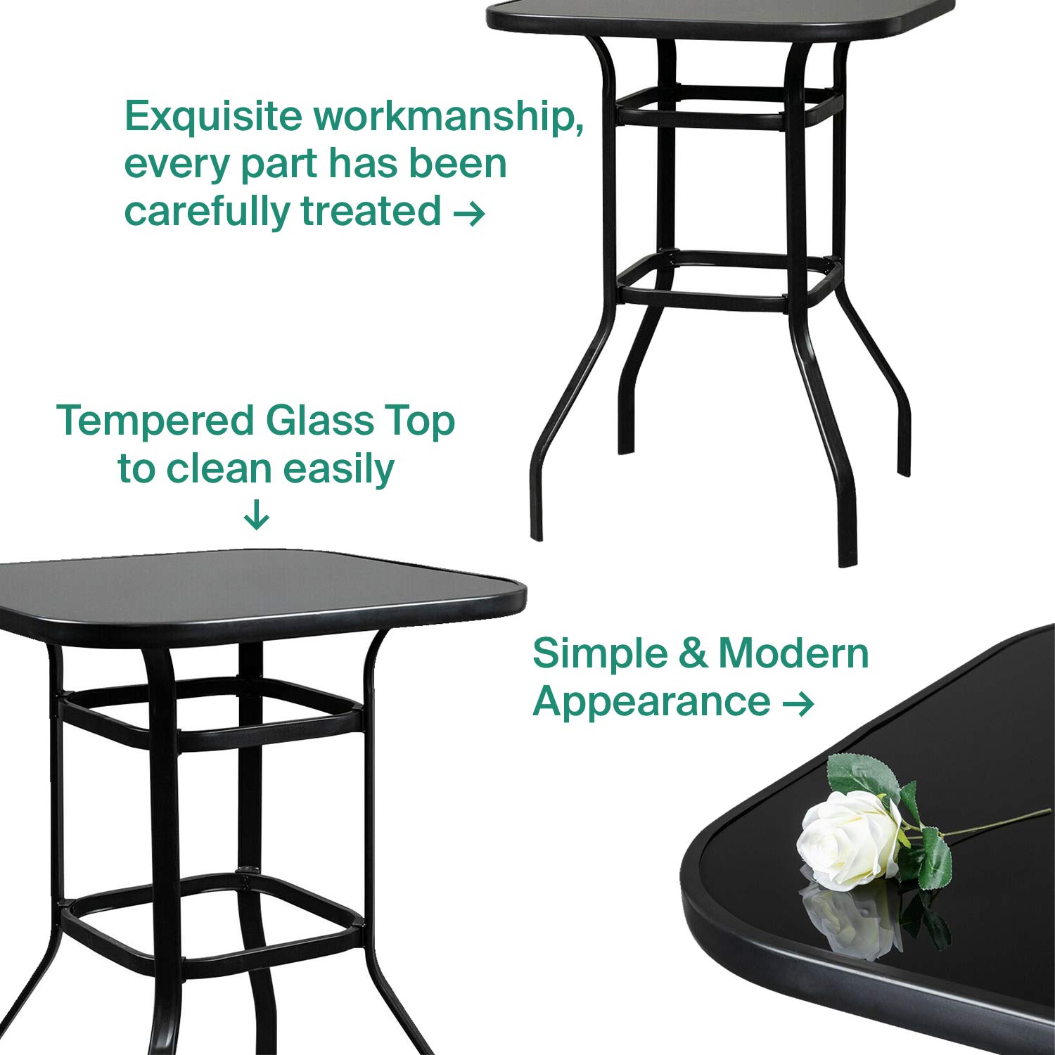 Outdoor Bistro Table - Black Metal Frame & Glass Top for Patio, Poolside, Balcony