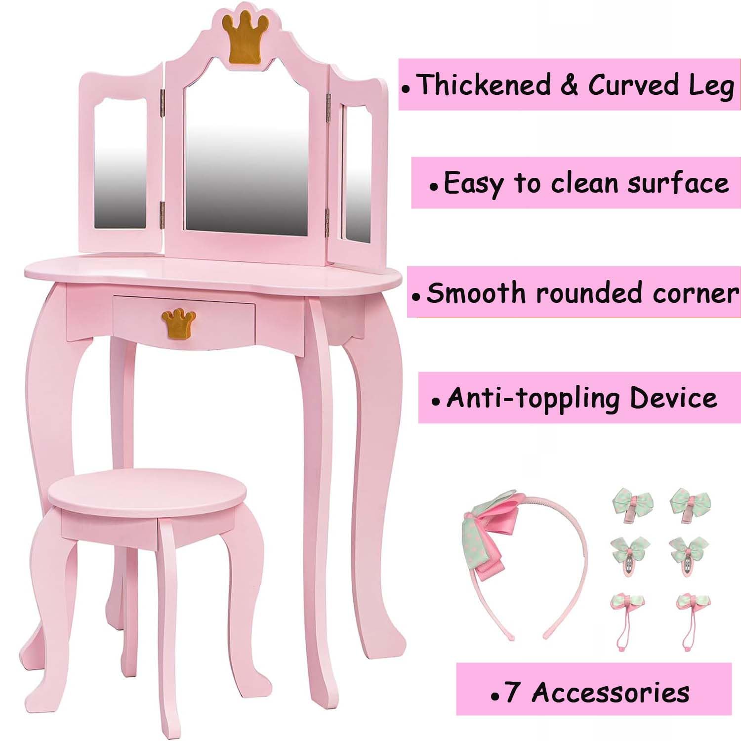 GAOMON Kids Vanity Table with Tri-Fold Mirror, Stool & Storage Drawer - 2-in-1 Wooden Princess Makeup Dressing Desk for Girls, Toddler Pretend Play Vanity Set - Perfect for Bedroom Decor & Imaginative Playtime