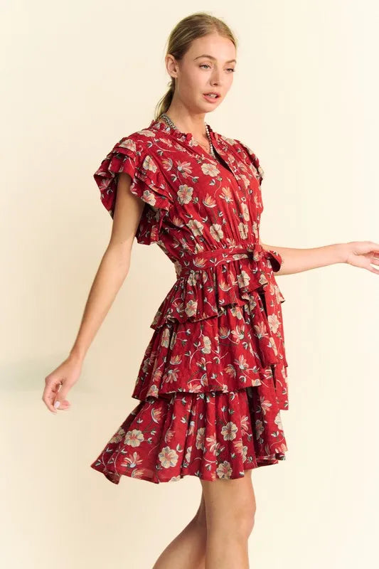 Red Floral Print Tie Waist Tiered Mini Dress for Women - Perfect for Summer Parties, Date Nights & Beach Vacations