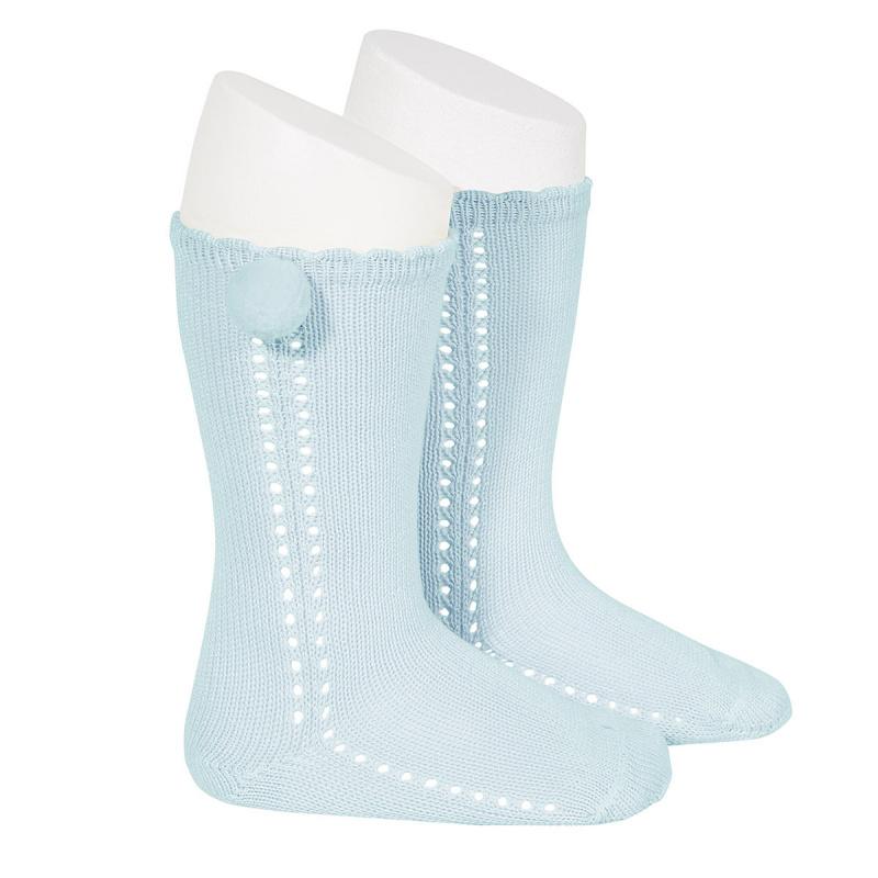 Aquamarine Lace Pom Pom Socks for Women - Trendy Ankle Socks with Breathable Openwork Design - Perfect for Casual Wear, Gifts, and Fashion Outfits
