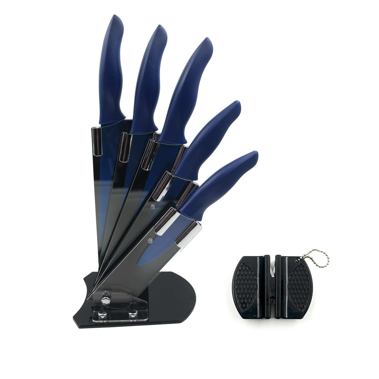Premium 7-Piece Kitchen Knife Set with Acrylic Stand - 5 Stainless Steel Knives, Paring Knife & Sharpener - All-in-One Home Cooking Essentials for Chopping, Slicing & Food Prep